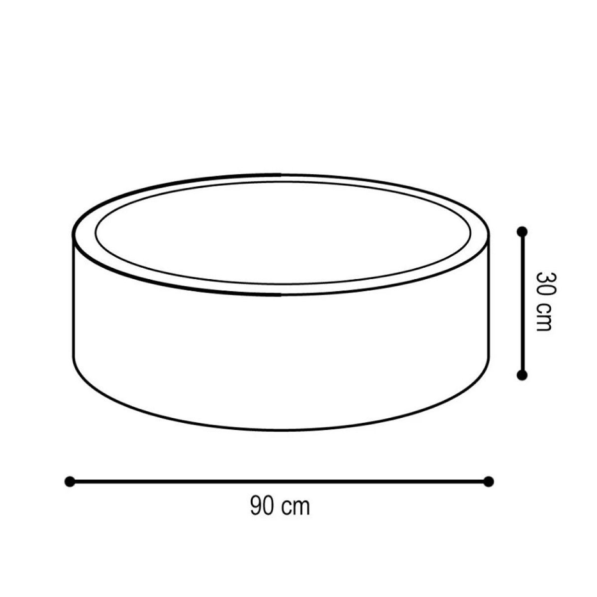 Linienzeichnung eines runden Zylinders mit 90 cm Durchmesser und 30 cm Höhe auf weißem Hintergrund.