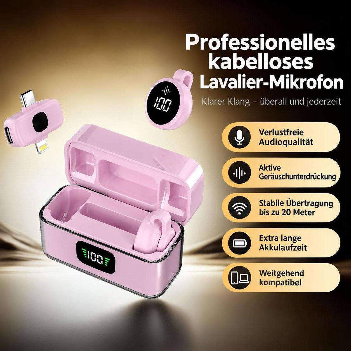 Rosa kabelloses Lavalier-Mikrofon mit Ladecase und deutscher Produktwerbung.