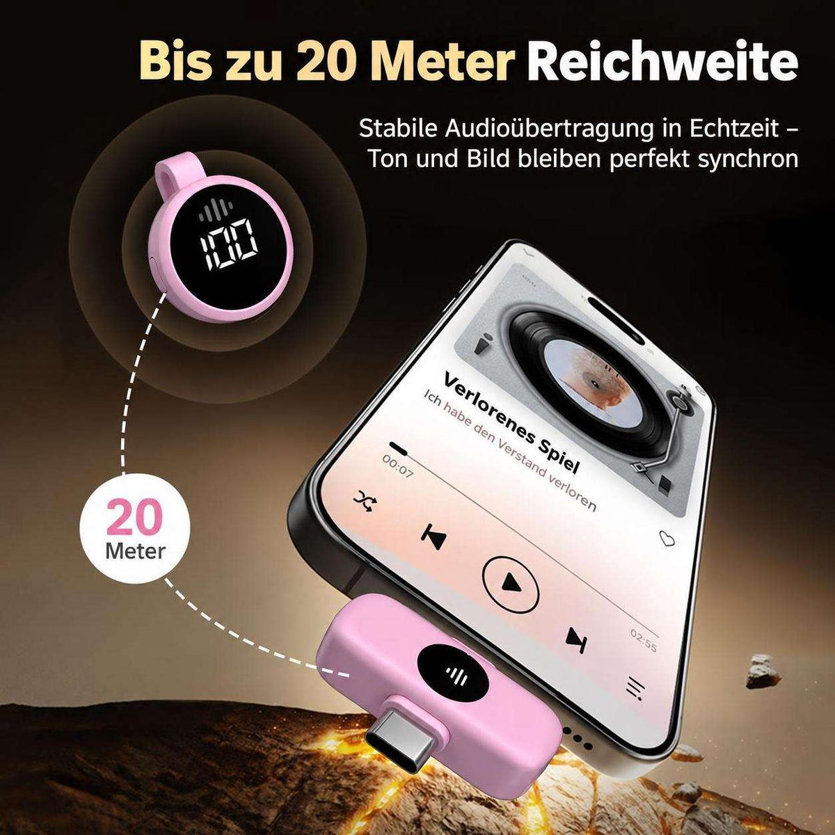 Rosa Audio-Sender und Smartphone mit Musik-Player, 20 Meter Reichweite.
