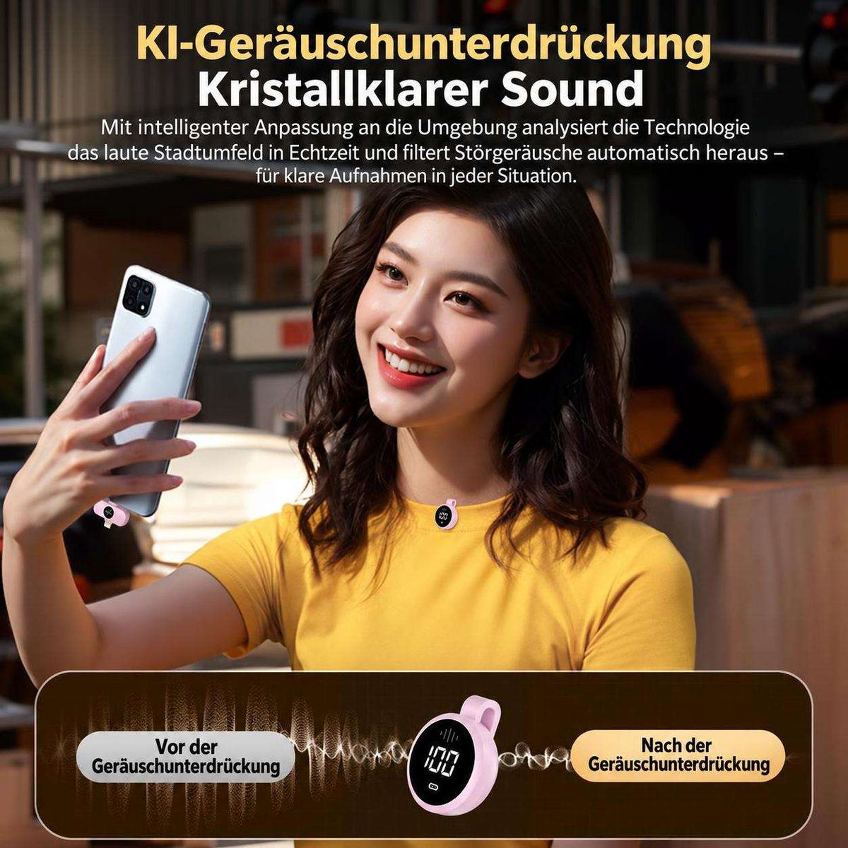 Eine Frau in gelbem Shirt lächelt in die Kamera und hält ein Smartphone in der Hand.
