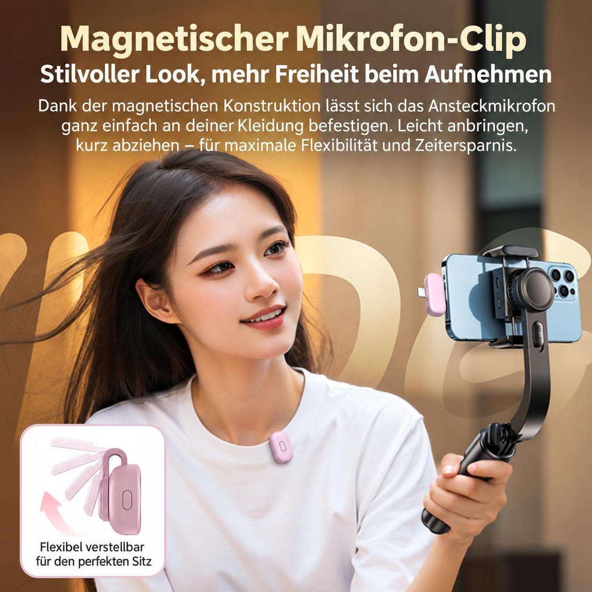 Eine Frau trägt einen rosa Magnet-Mikrofon-Clip am wei#en Hemd und h#lt ein Smartphone.