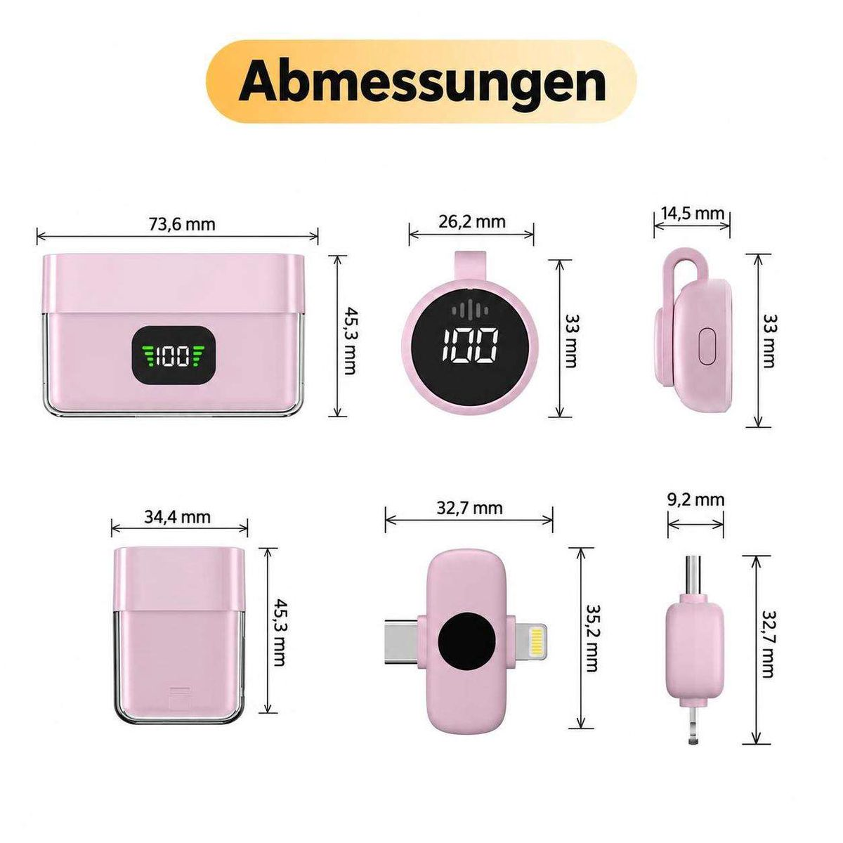 Technische Zeichnung mit Maßangaben für ein pinkes Gerät und Zubehör in verschiedenen Ansichten.