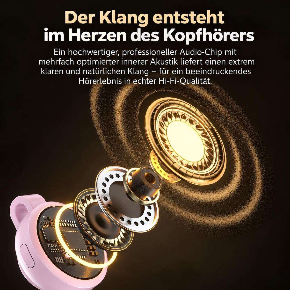 Explosionsdarstellung eines Kopfhörers mit Audio-Chip und akustischen Wellen auf dunklem Hintergrund.