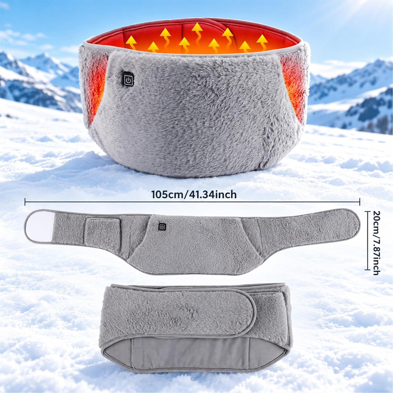 Grauer Plüsch-Heizgürtel im Schnee mit Maßen von 105cm x 20cm und Wärme-Symbolen.