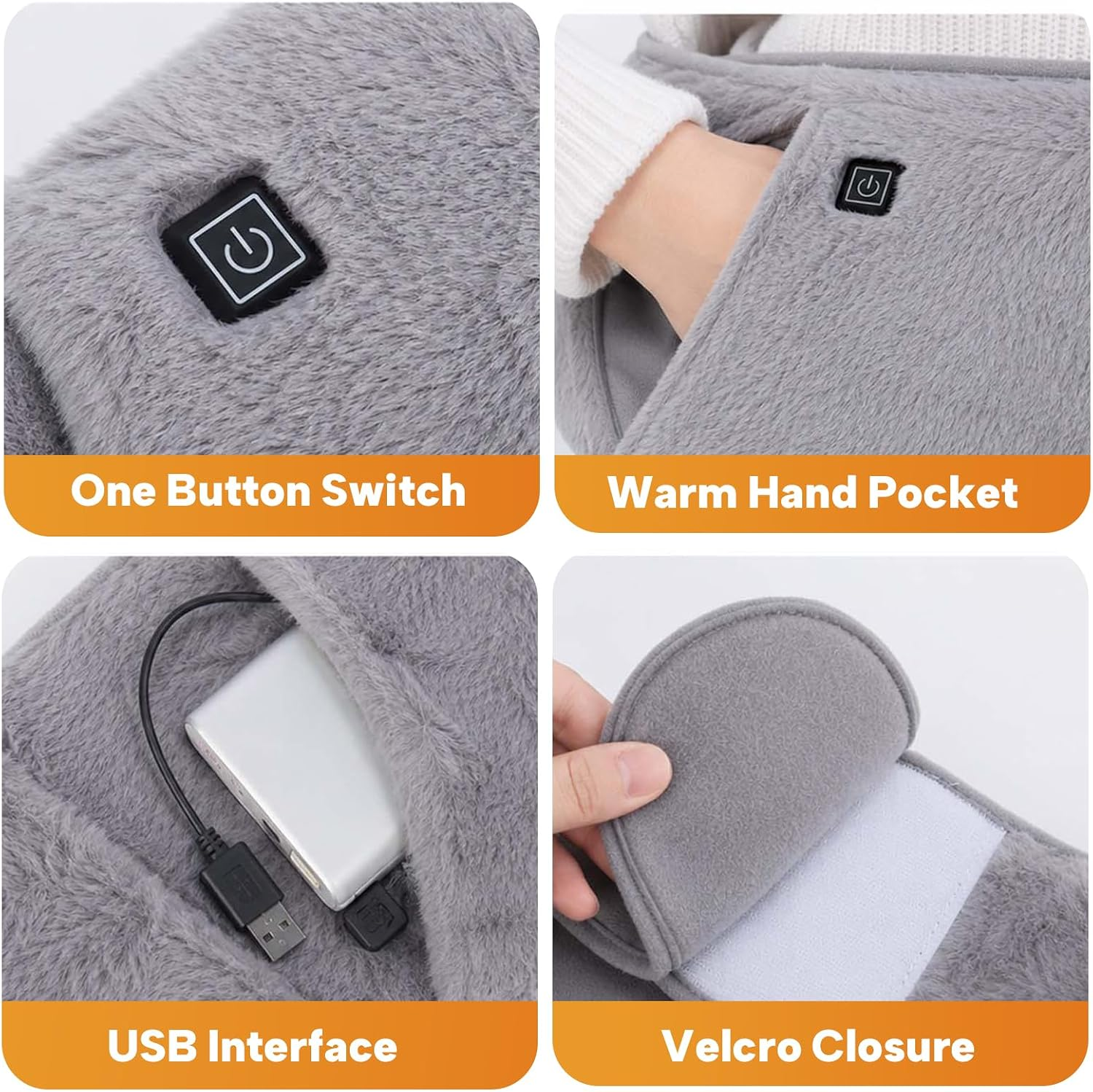 Vier Bilder zeigen Features einer grauen Plüsch-Handwärmtasche: Schalter, Tasche, USB-Anschluss und Klettverschluss.