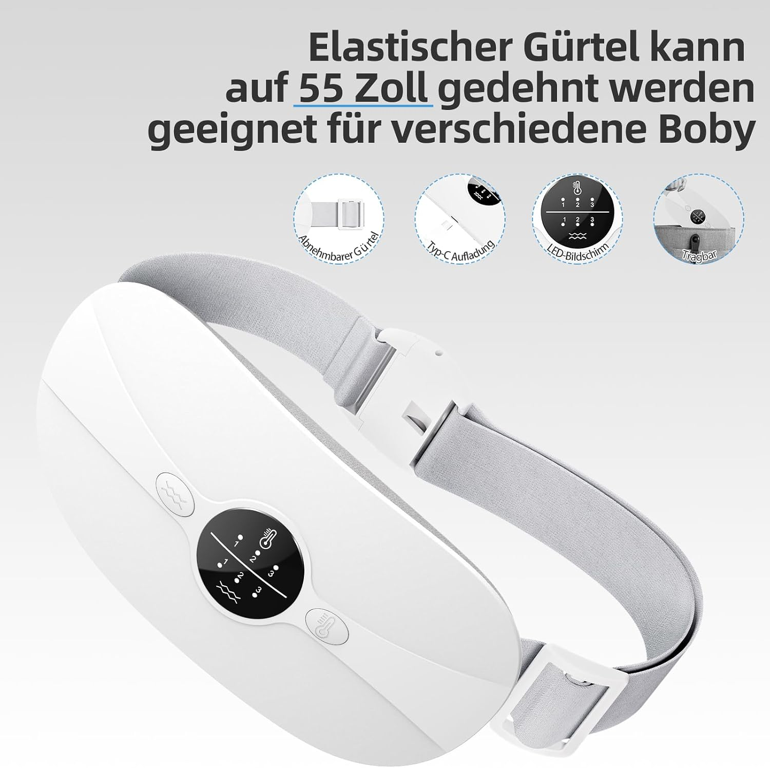Weißer elektrischer Heizgürtel mit grauem Gurt, digitalem Display und vier Detailkreisen auf grauem Hintergrund.