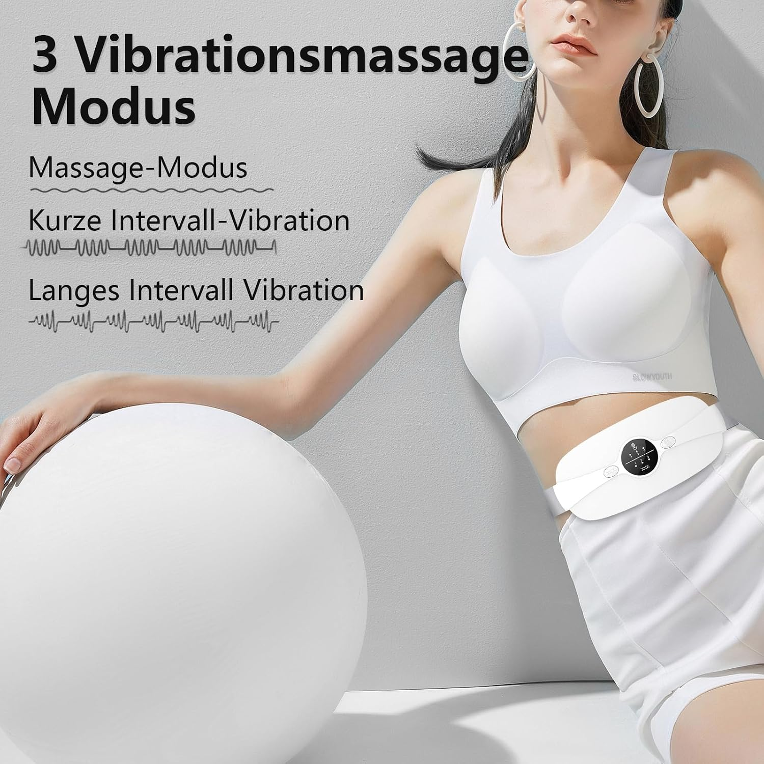 Eine Frau in weißer Sportkleidung posiert neben einer Kugel, mit Text über Vibrationsmodi.