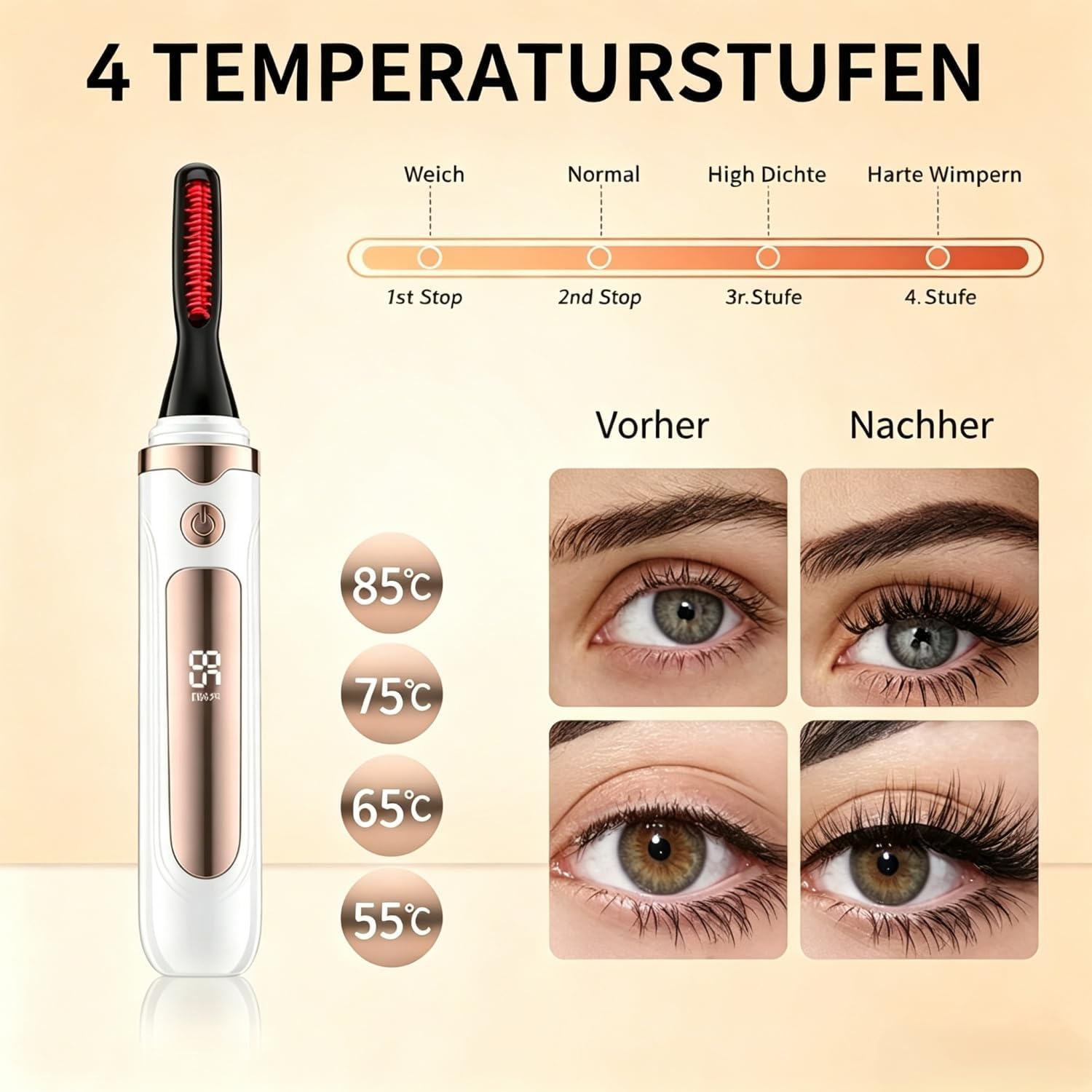 Wärmebild-Wimpernzange mit 4 Temperaturstufen, vorher-nachher Vergleich von Wimpern.