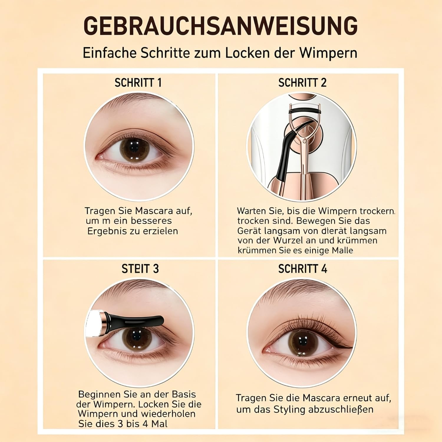 Anleitung in vier Schritten zur Verwendung einer Wimpernzange und von Mascara für geschwungene Wimpern.