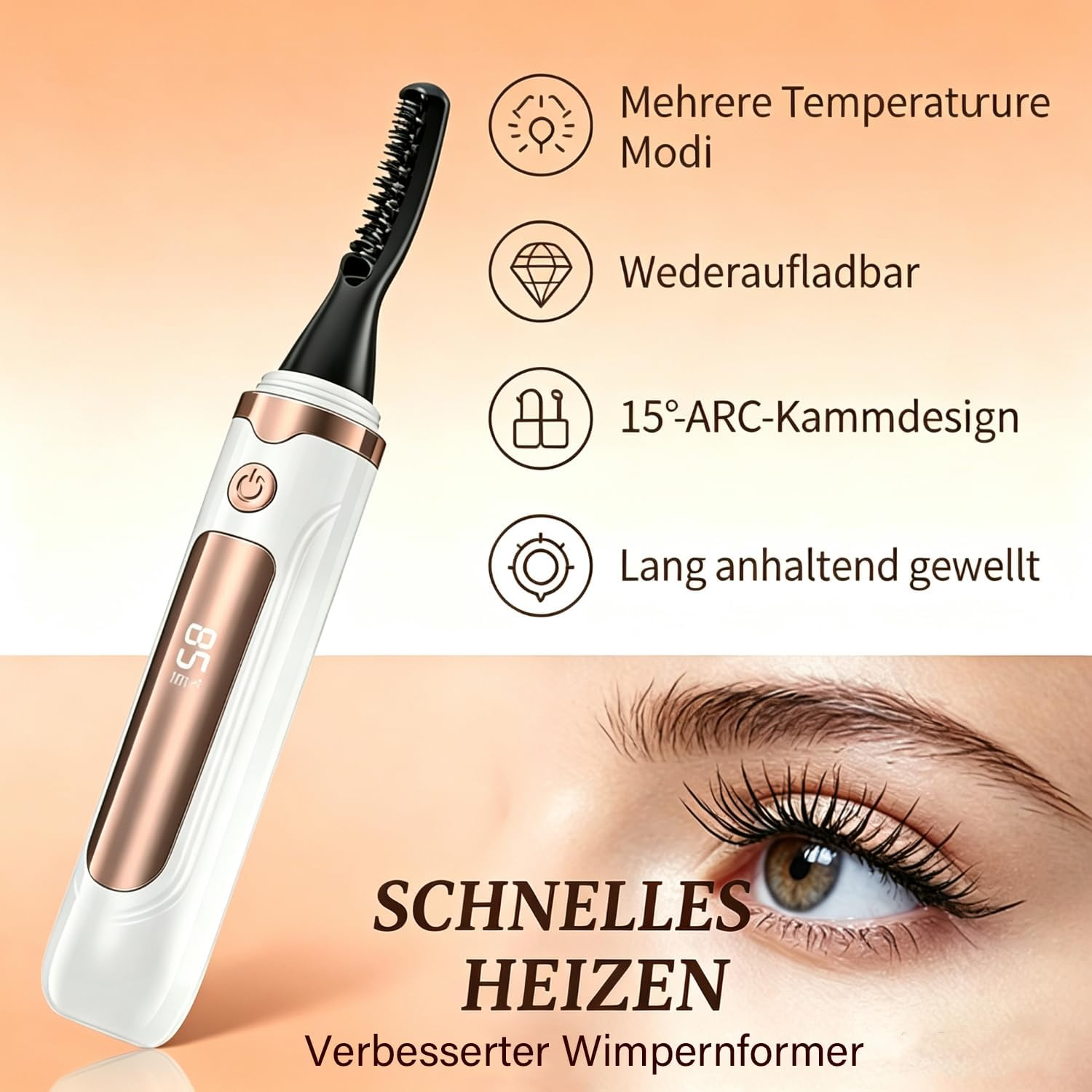 Ein weißer, elektrischer Wimpernformer mit roséfarbenen Akzenten und Display zeigt Features und ein Auge.