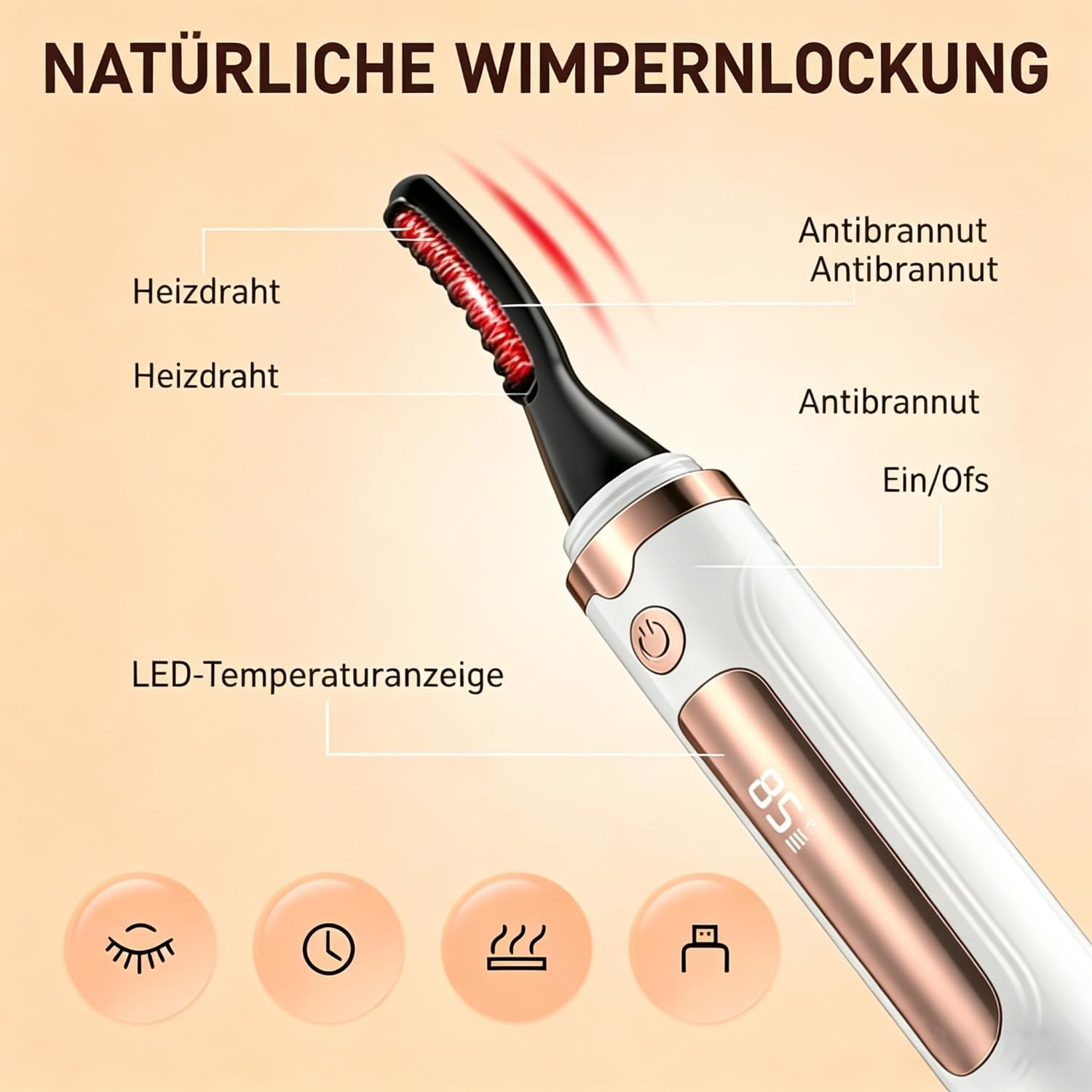 Eine elektrische beheizbare Wimpernzange mit weißem und roségoldenem Gehäuse und Temperaturanzeige.