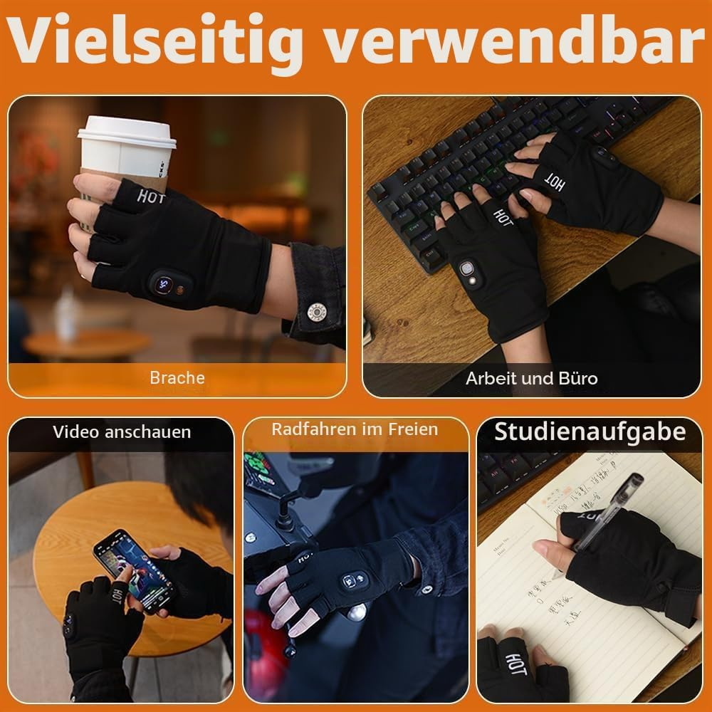Fünf Bilder zeigen eine Person mit beheizten fingerlosen Handschuhen beim Halten, Tippen, Handy-Nutzen, Radfahren und Schreiben.