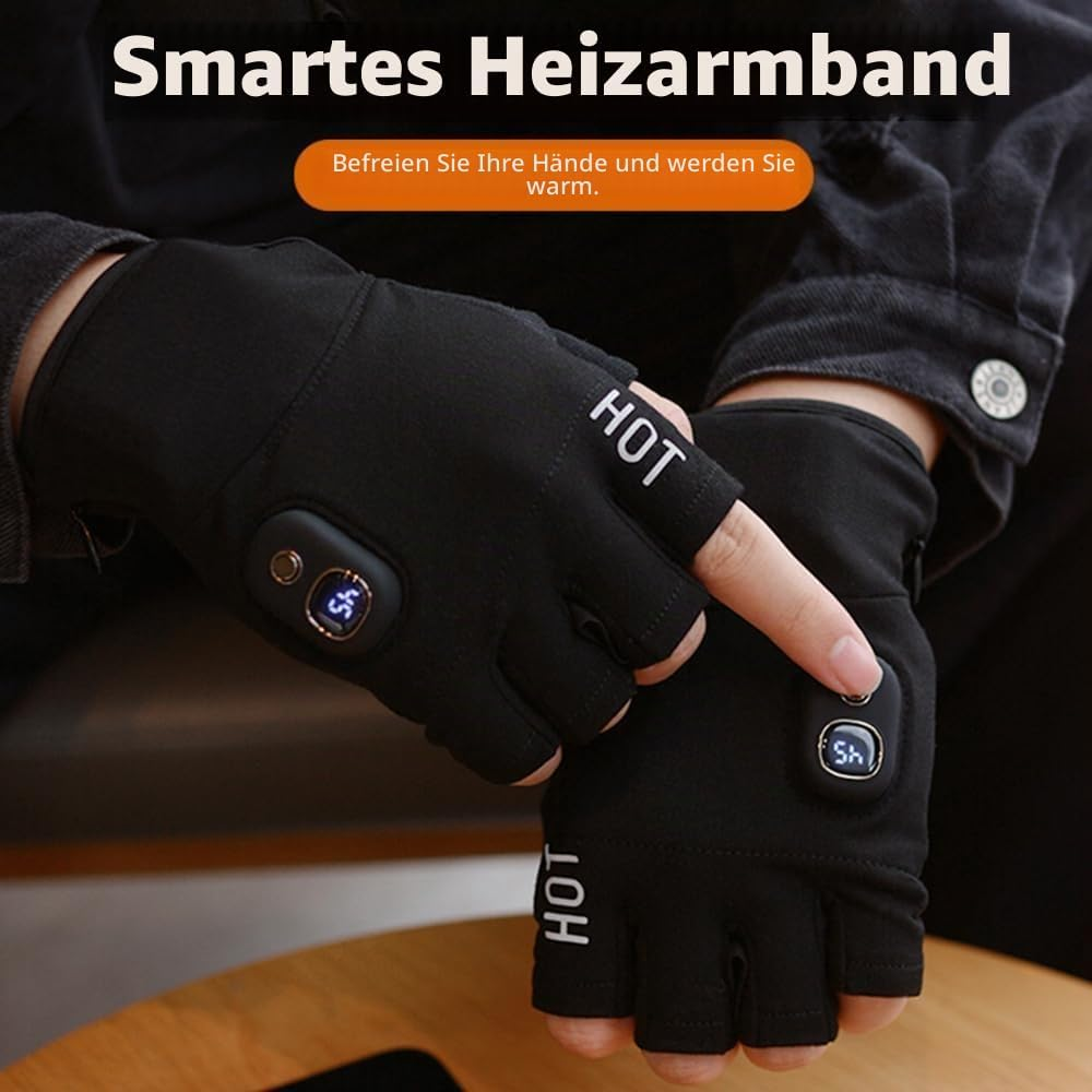 Person trägt schwarze, fingerlose Handschuhe mit leuchtenden Bedienelementen und dem Aufdruck HOT.