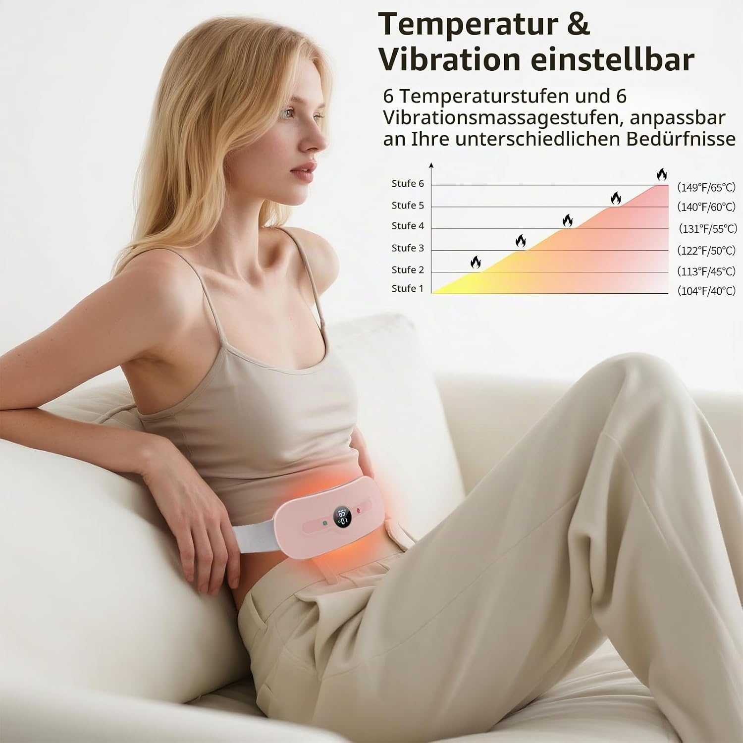 Eine Frau sitzt auf einem Sofa und trägt einen rosa Wärmegürtel am Bauch. Text zeigt Temperatureinstellungen.