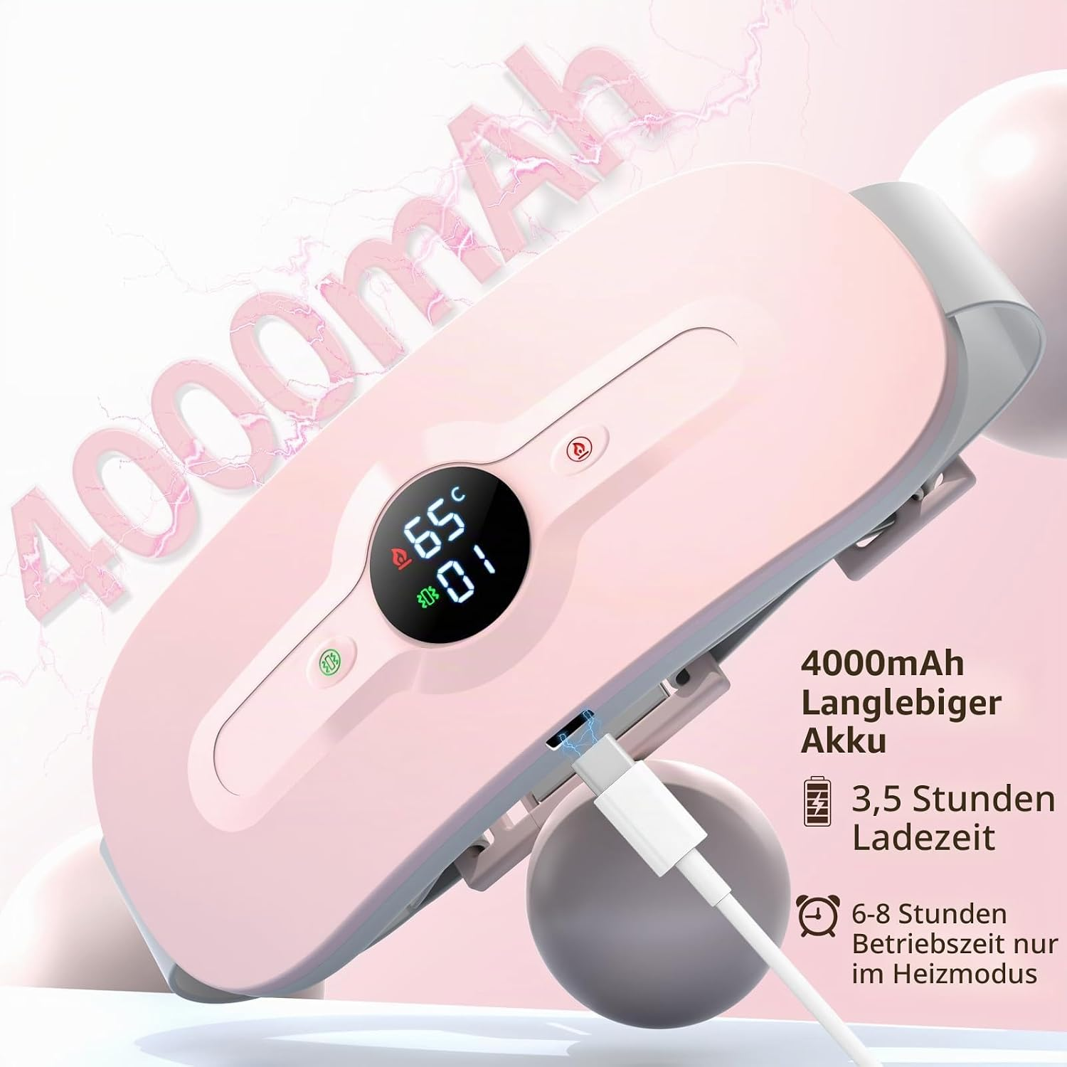Rosa Heizgürtel mit digitaler Anzeige und angeschlossenem Ladekabel auf pinkem Hintergrund.