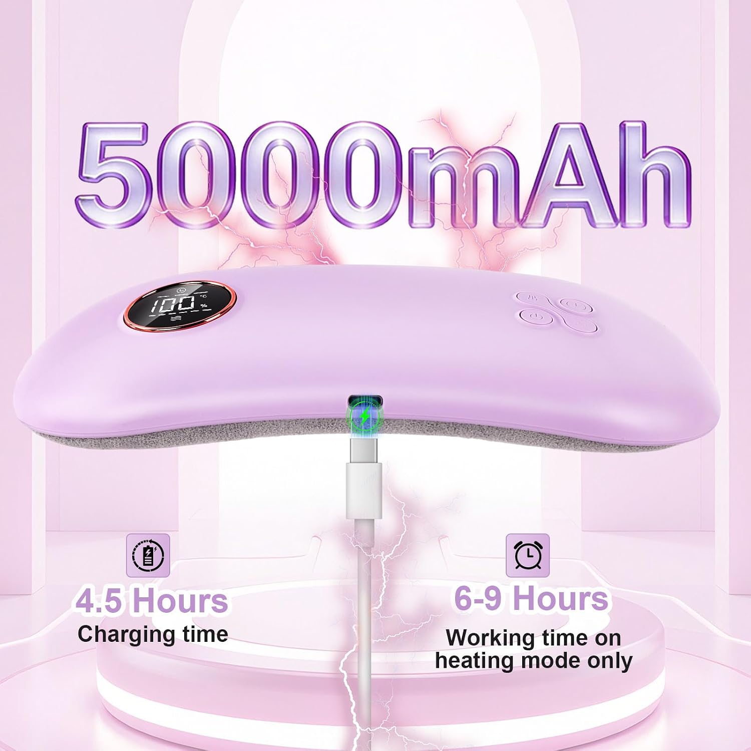 Ein lila Heizgerät mit 5000mAh, digitalem Display, 4,5 Stunden Ladezeit und 6-9 Stunden Arbeitszeit.