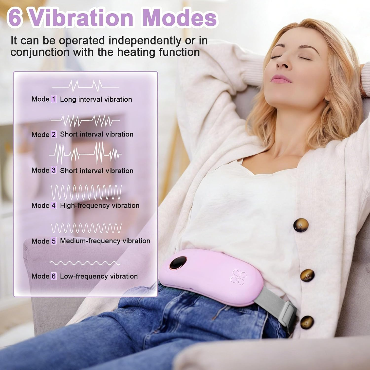 Eine entspannte Frau trägt einen rosafarbenen Vibrationsgürtel, während auf der linken Seite sechs Vibrationsmodi angezeigt werden.