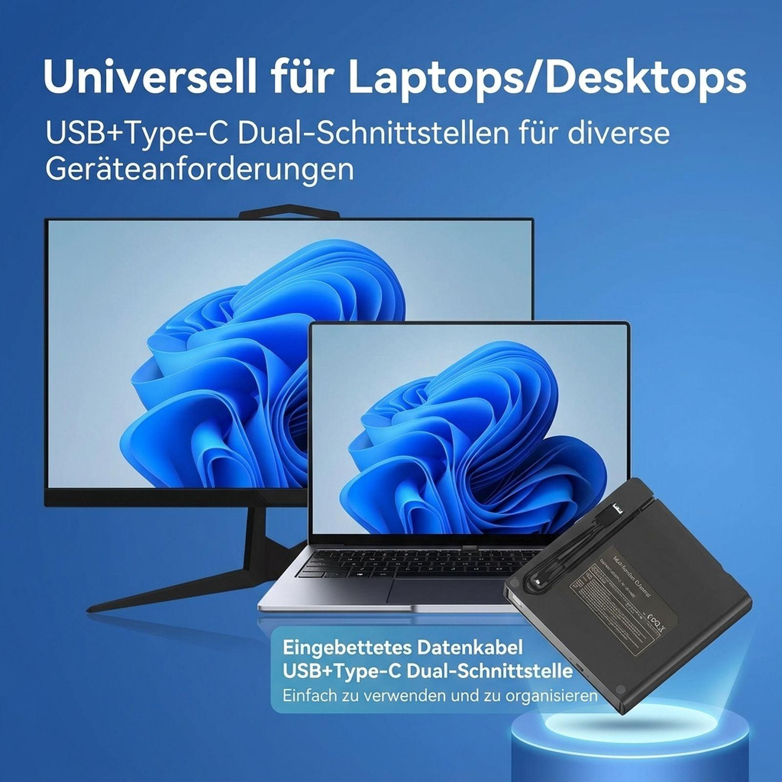 Ein Monitor, ein Laptop und ein kompakter Hub vor blauem Hintergrund mit deutschen Werbetexten.