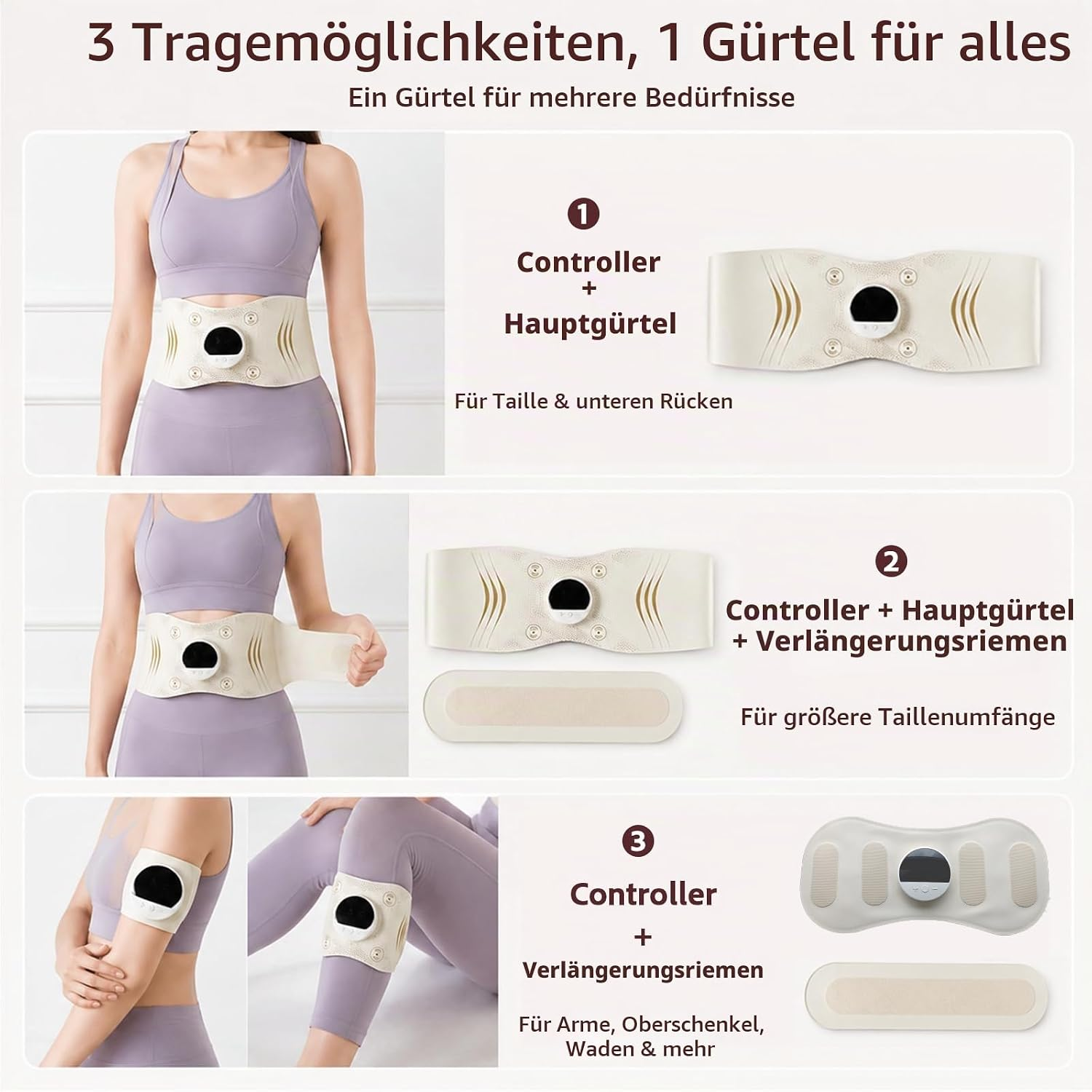 Ein Fitness-Gürtel mit Controller zeigt drei verschiedene Tragemöglichkeiten an Taille, Arm und Bein.