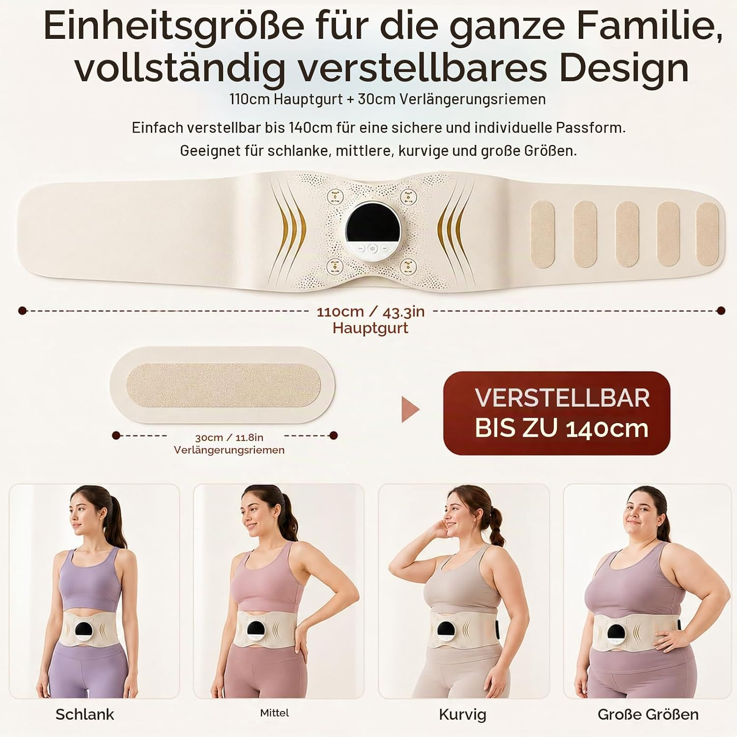 Ein verstellbarer Fitnessgürtel mit Digitaldisplay, Verlängerung und Frauen verschiedener Statur.