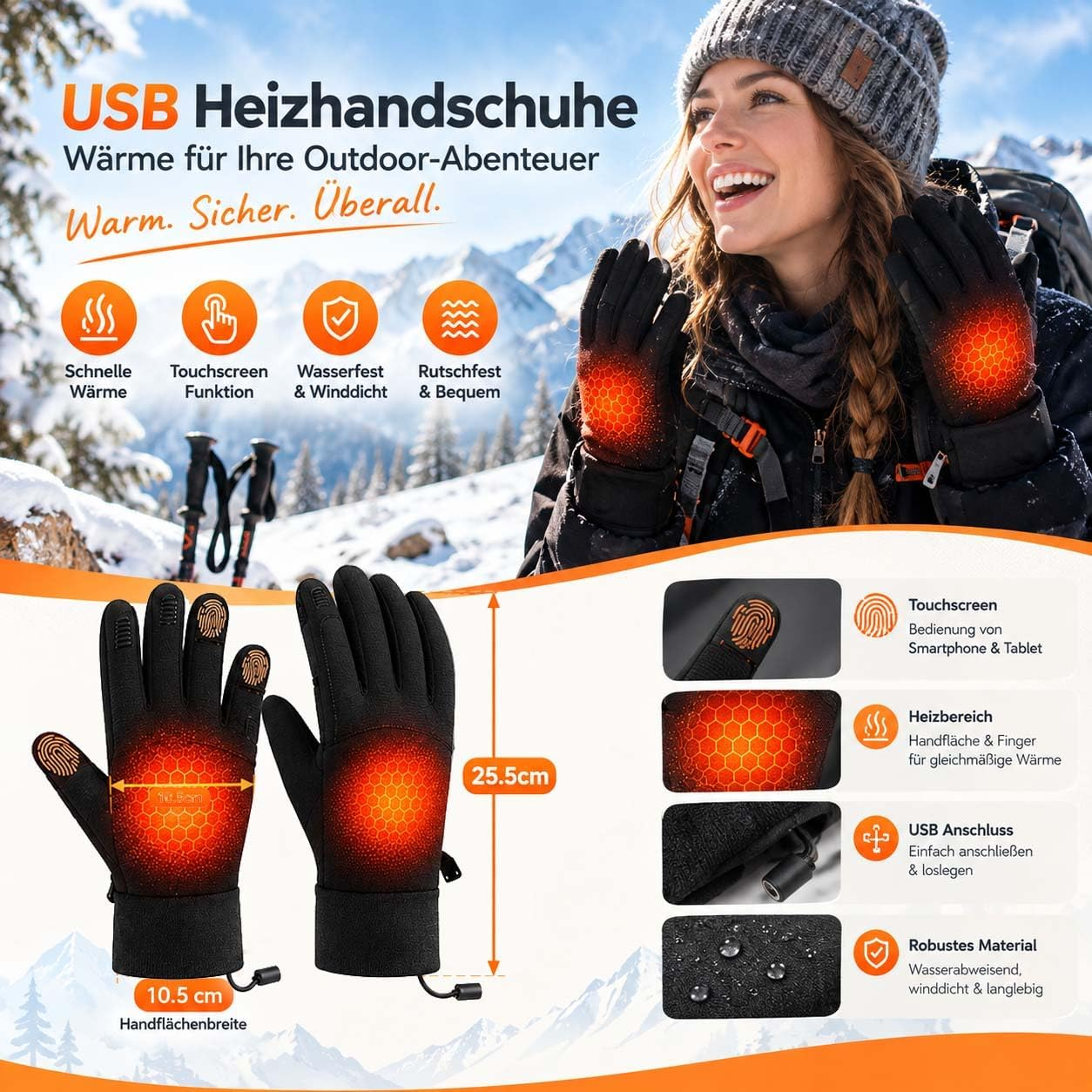 Werbebild für beheizbare USB-Handschuhe mit schneebedecktem Bergpanorama und Funktionsdetails.