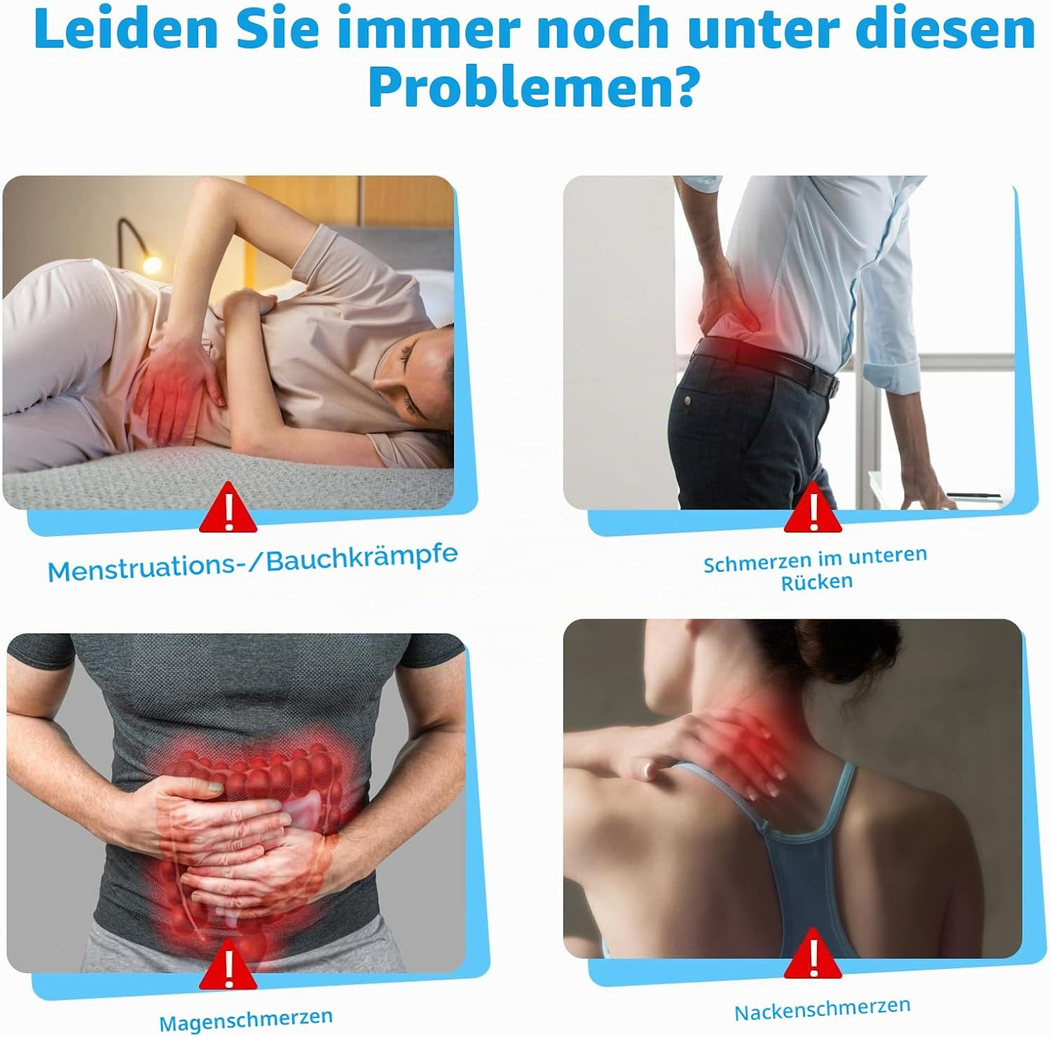 Vier Bilder zeigen verschiedene Schmerzen: Menstruationskrämpfe, Rückenschmerzen, Magenschmerzen und Nackenschmerzen.