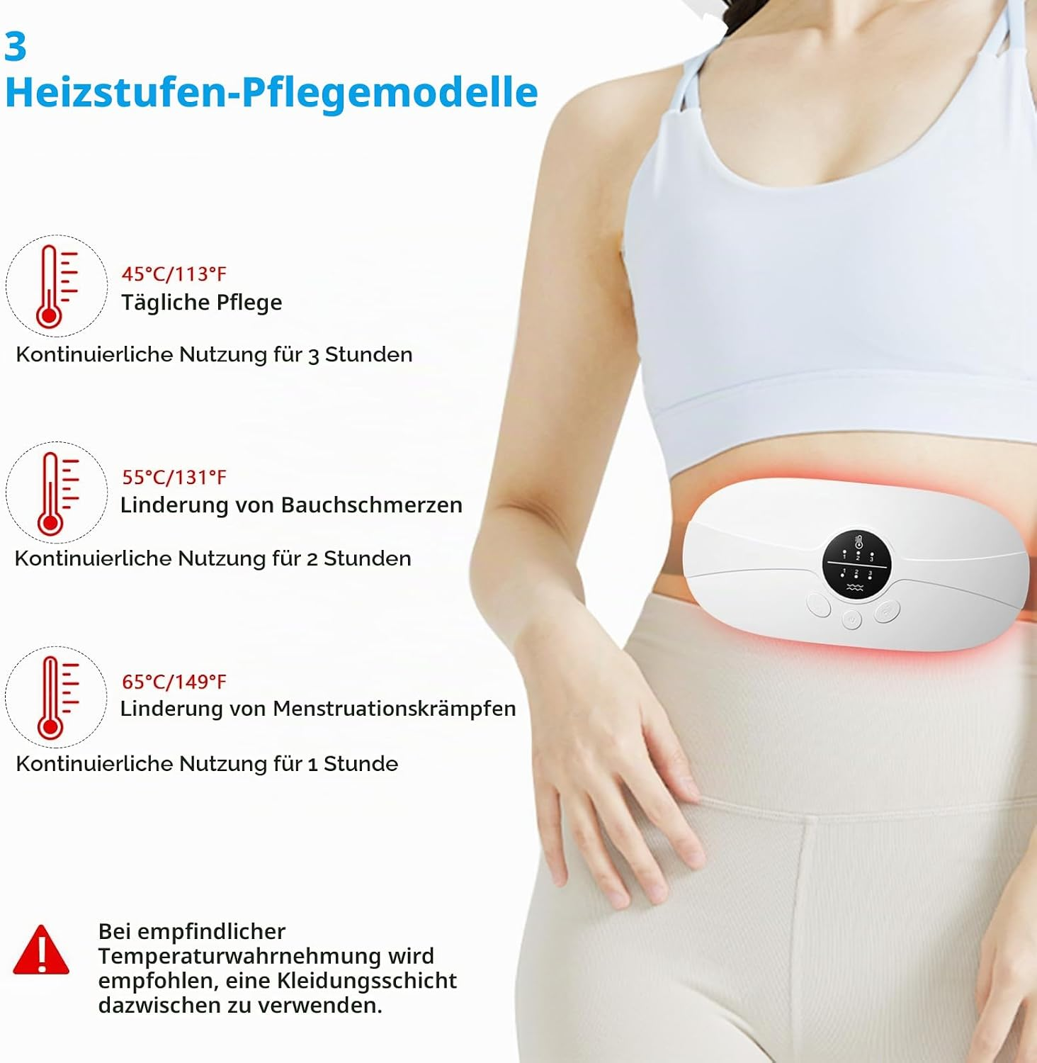 Frau trägt ein weißes Heizgerät am Bauch mit drei Temperaturstufen.