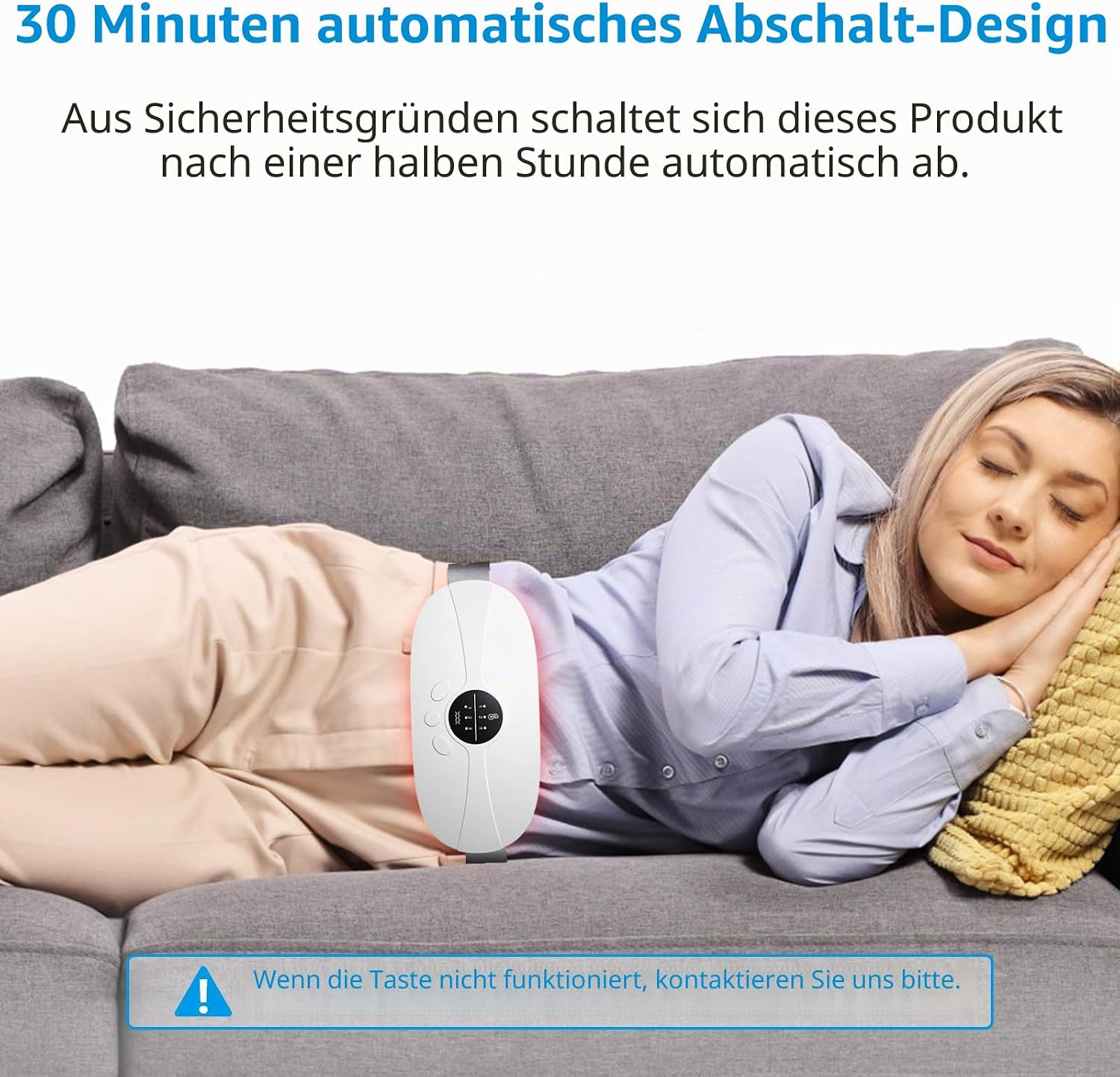 Eine Frau liegt auf einem Sofa und trägt einen weißen Heizgürtel um die Taille, Text im Bild.