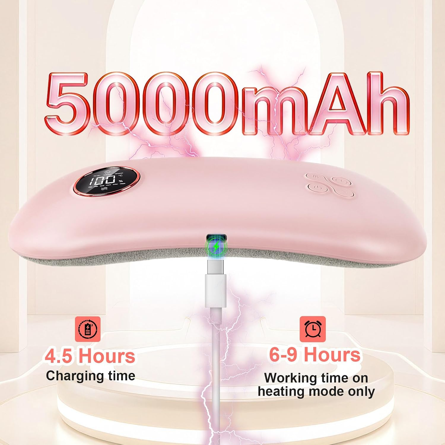 Rosa beheiztes Kissen mit 5000mAh Akku, LED-Anzeige und Ladekabel.