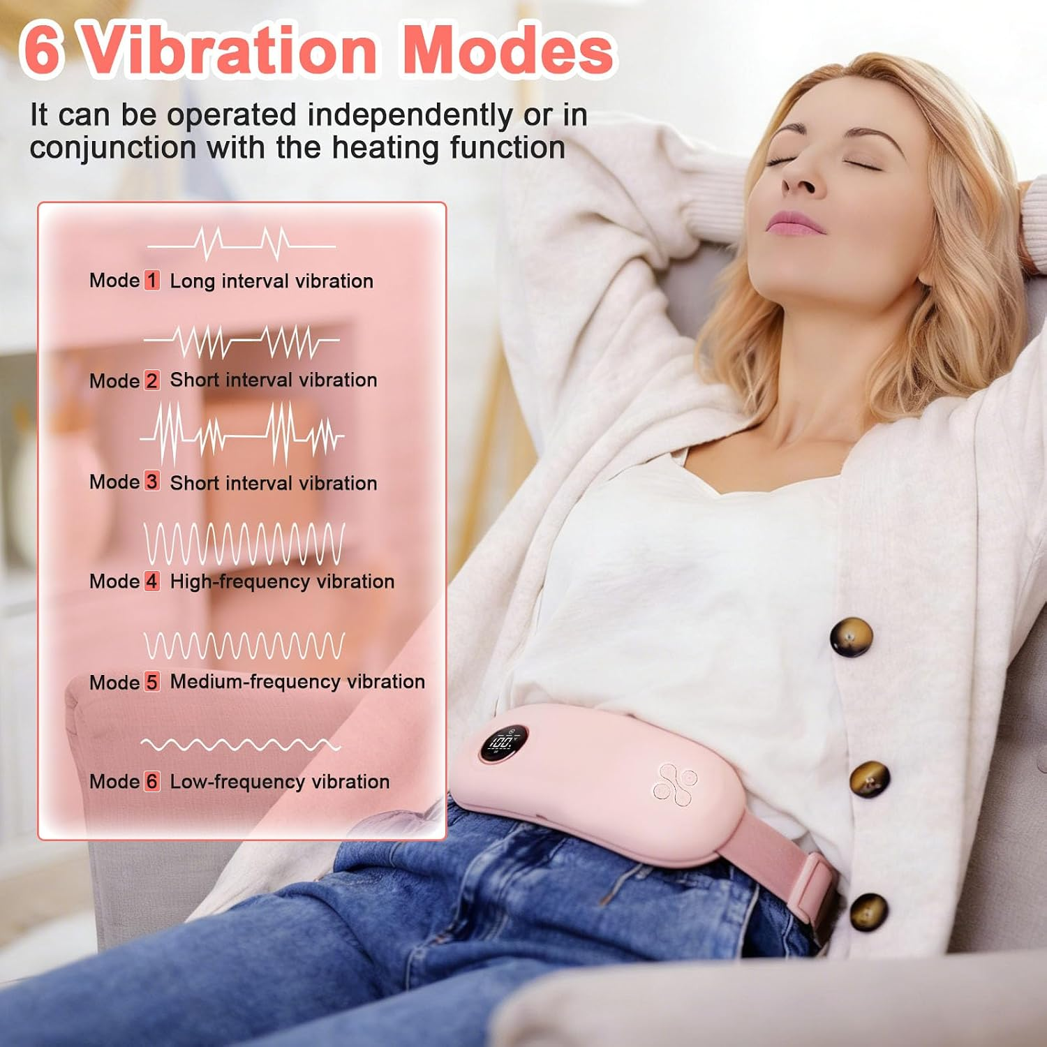 Frau entspannt sich auf einem Stuhl mit einem rosafarbenen Vibrationsgürtel um die Taille, Text zeigt 6 Modi.