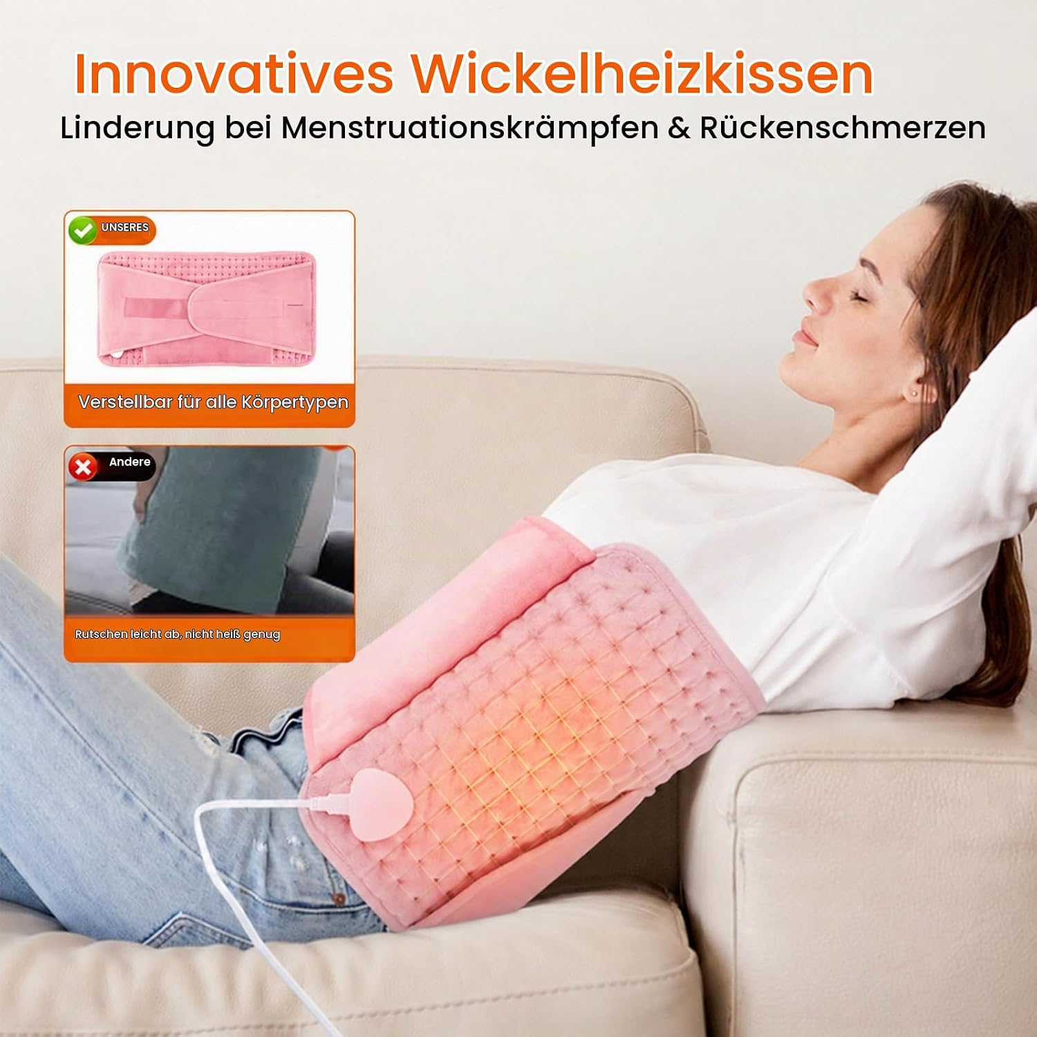 Eine Frau entspannt auf einem Sofa und trägt einen rosa Heizgürtel mit Vergleichen.