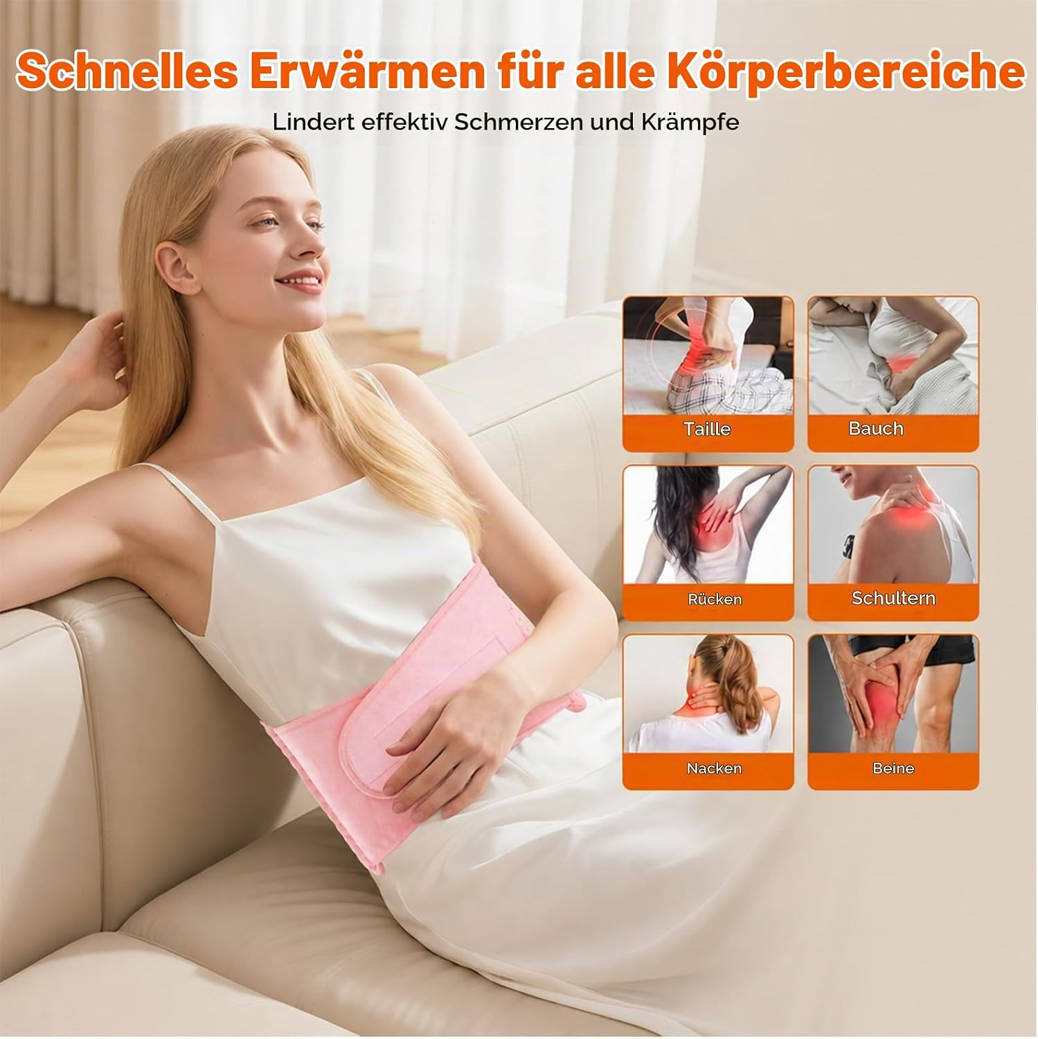 Eine lächelnde Frau auf einem Sofa nutzt einen pinken Heizgürtel, mit kleinen Bildern für verschiedene Körperteile.