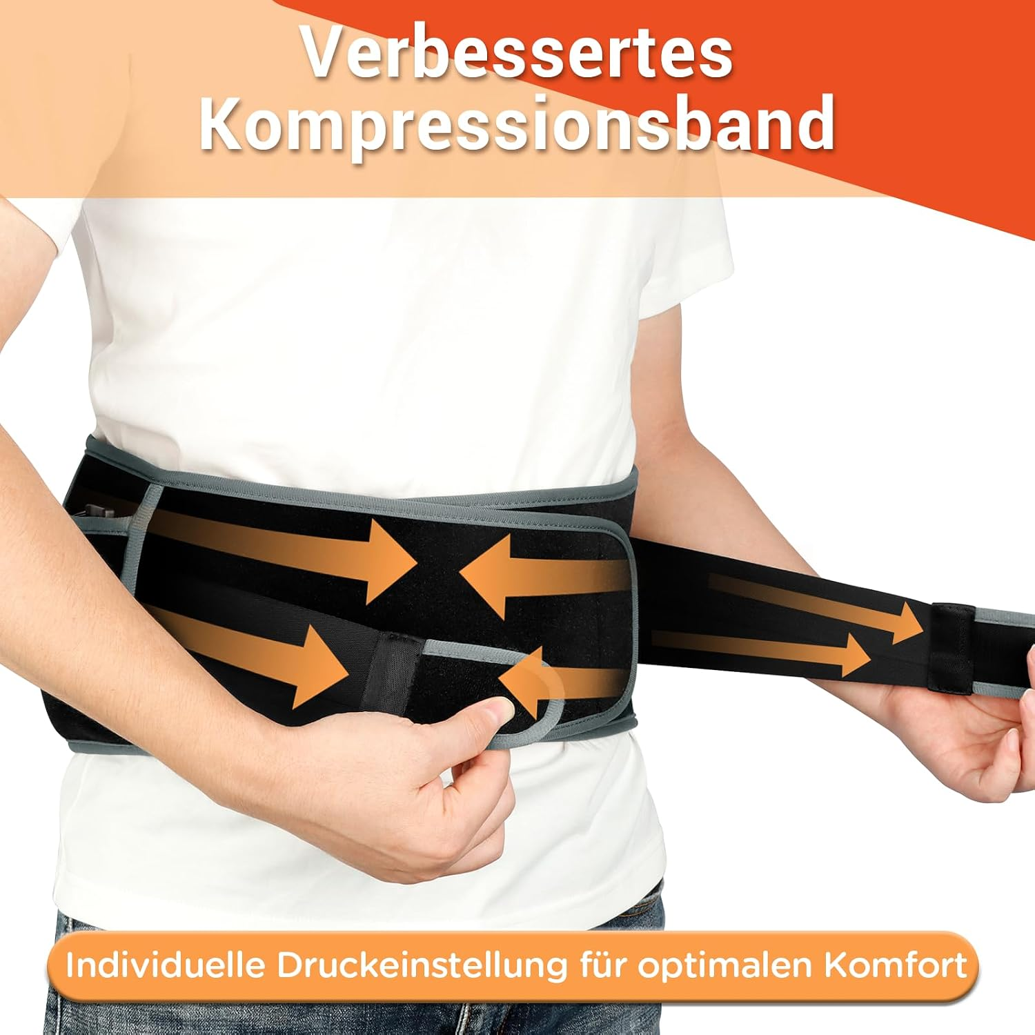 Person trägt einen schwarzen Kompressionsgurt um die Taille, während Hände an den verstellbaren Riemen ziehen.