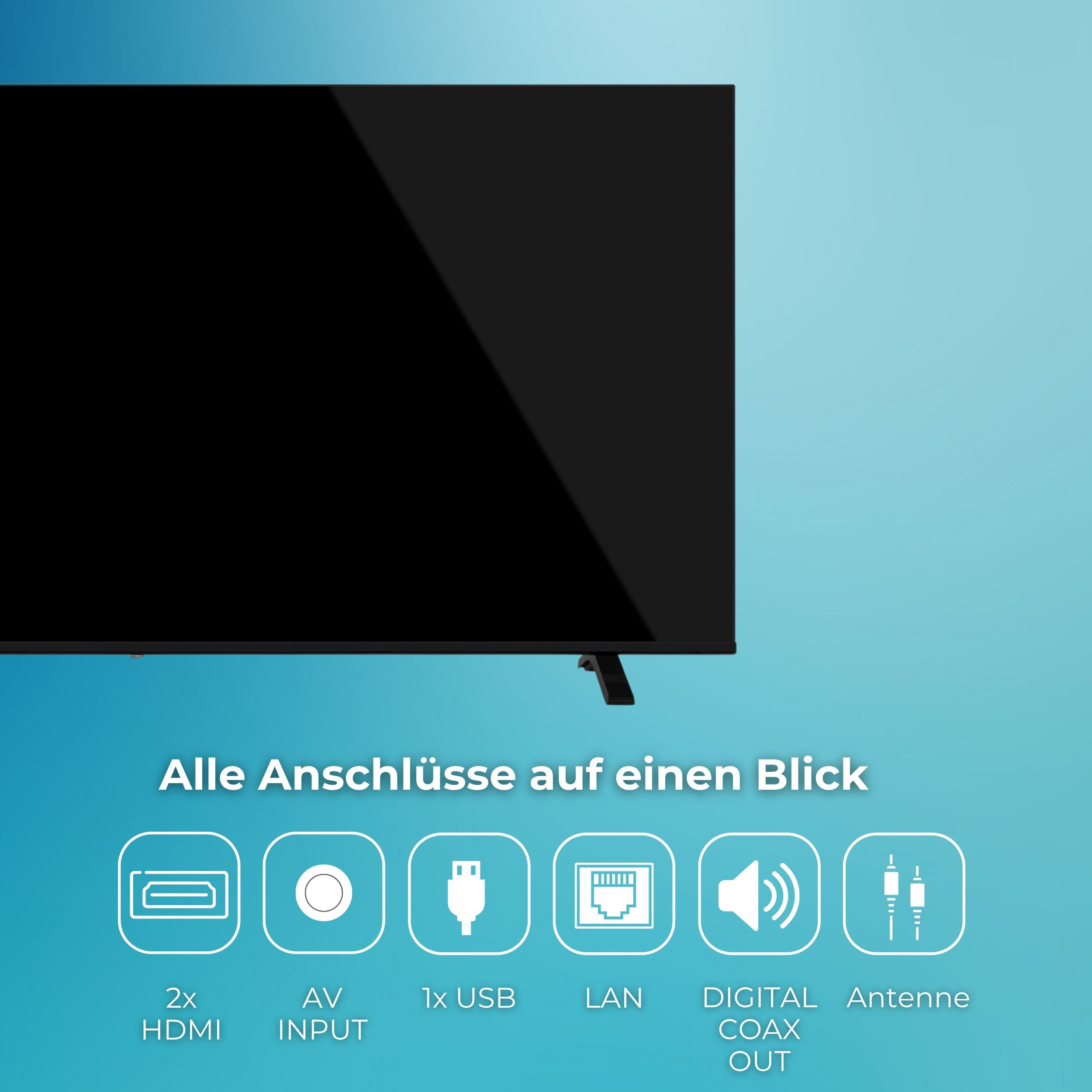 Fernseher mit Icons für Anschlüsse wie HDMI, USB, LAN, AV, COAX und Antenne auf blauem Hintergrund.
