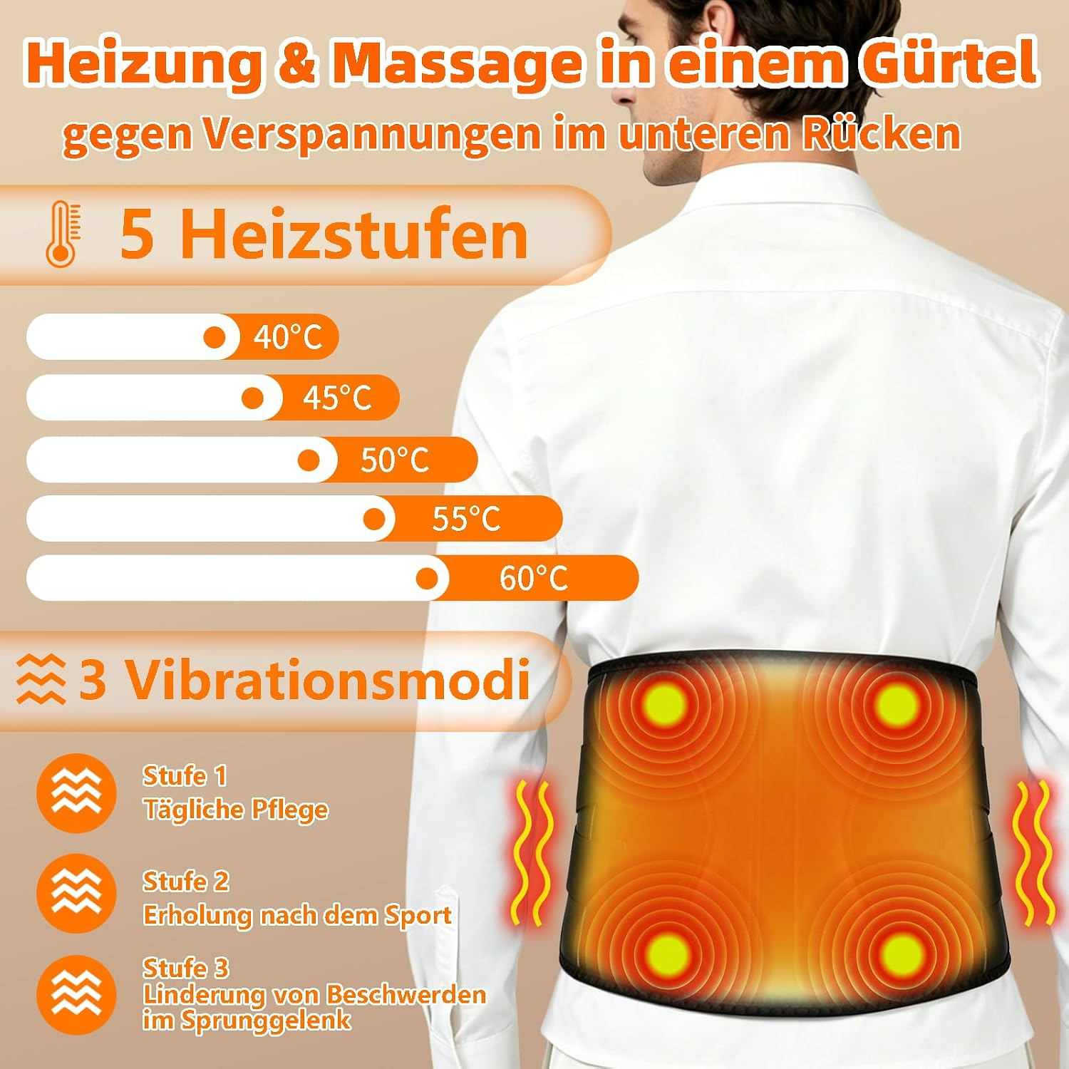 Ein Mann trägt einen beheizten Massagegürtel am unteren Rücken mit Temperatur- und Vibrationsstufen.
