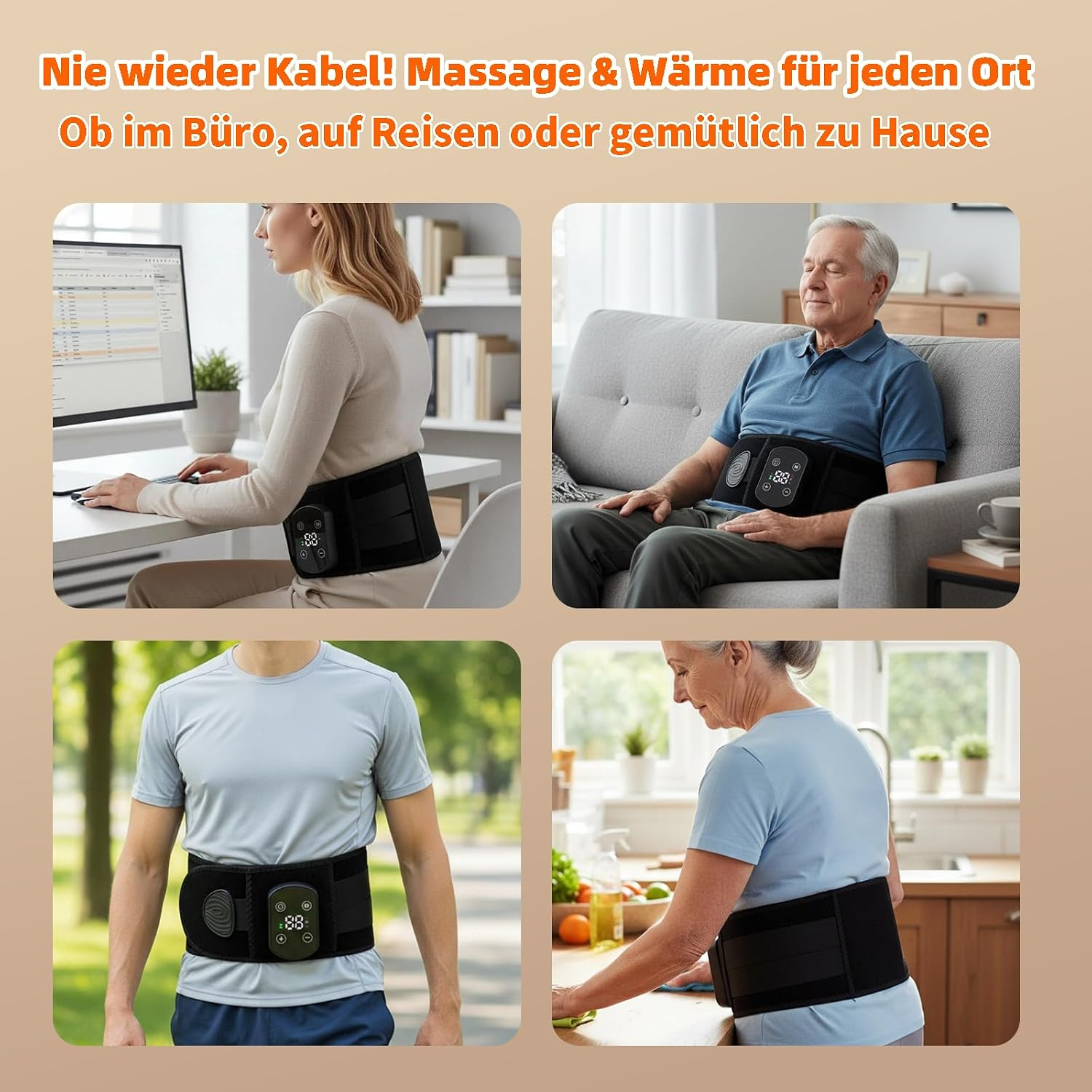 Vier Bilder zeigen Menschen in verschiedenen Szenen mit einem schwarzen Massage- und Wärmegürtel am Bauch.
