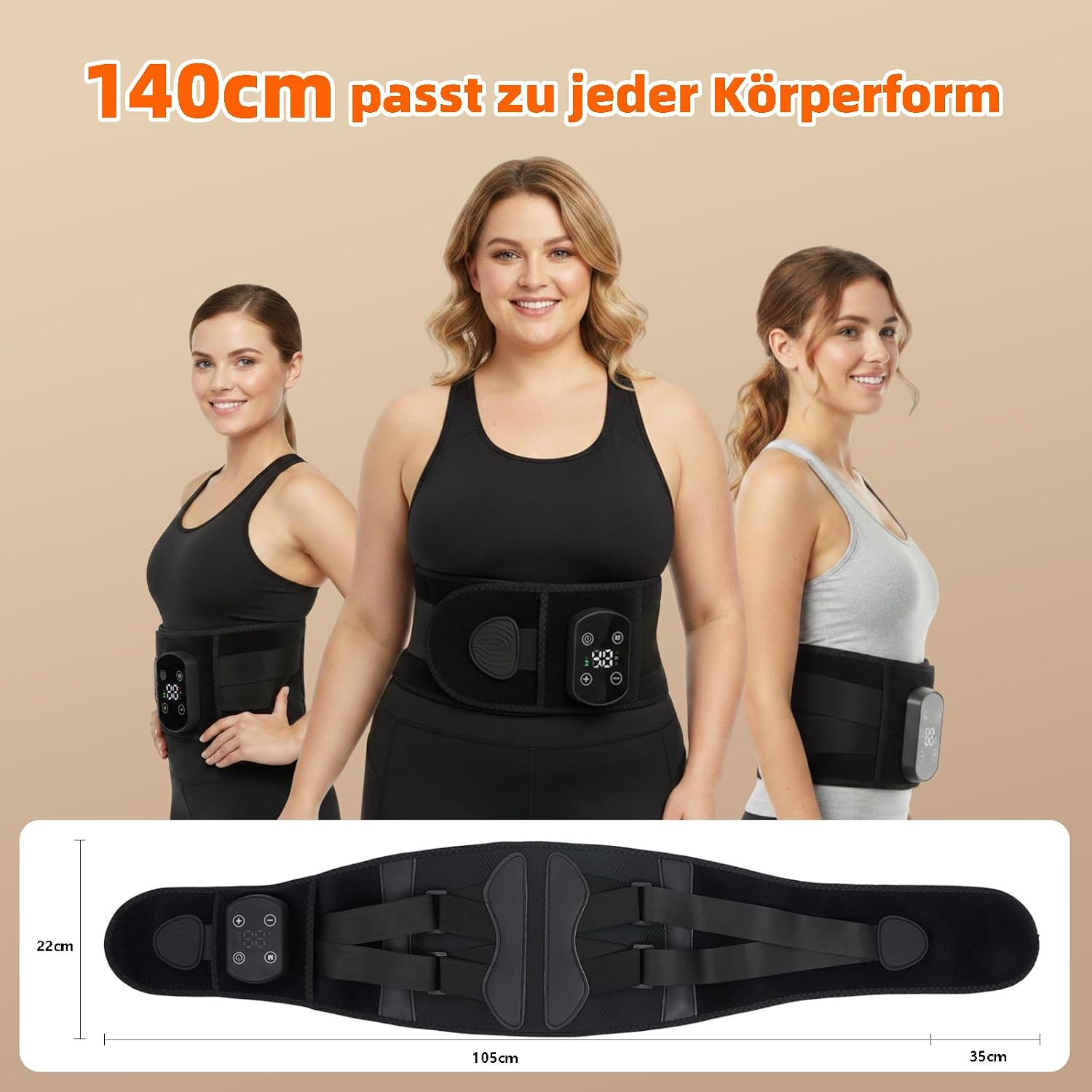 Drei Frauen unterschiedlicher Statur tragen einen schwarzen elektronischen Fitnessgürtel mit Maßangaben unten.