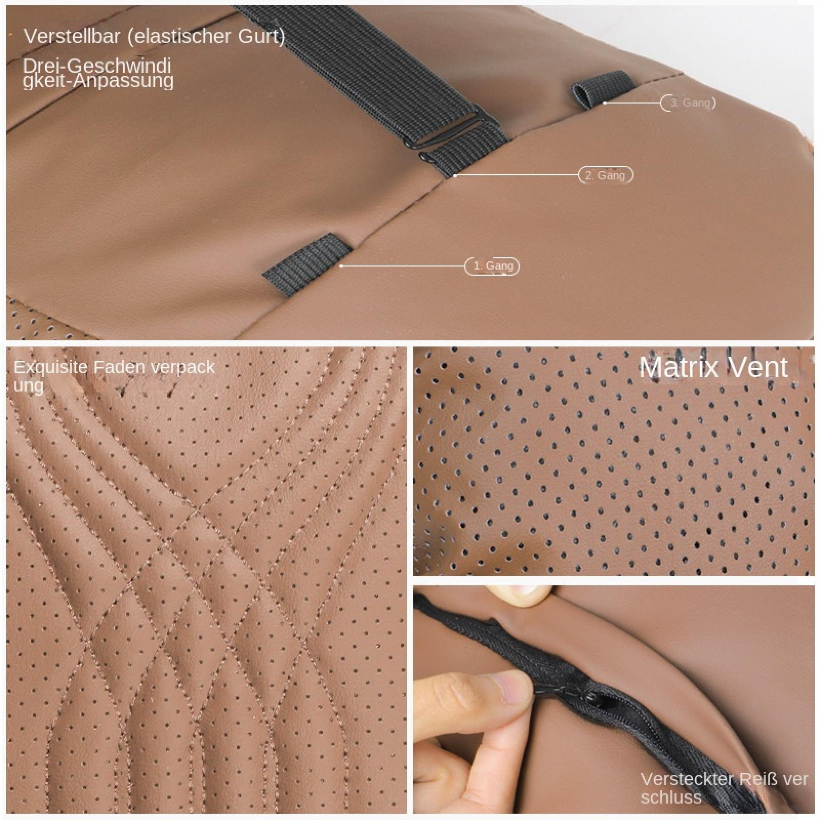Collage von braunen Autositzen mit verstellbarem Gurt, Matrix-Ventilation und verdecktem Reißverschluss.