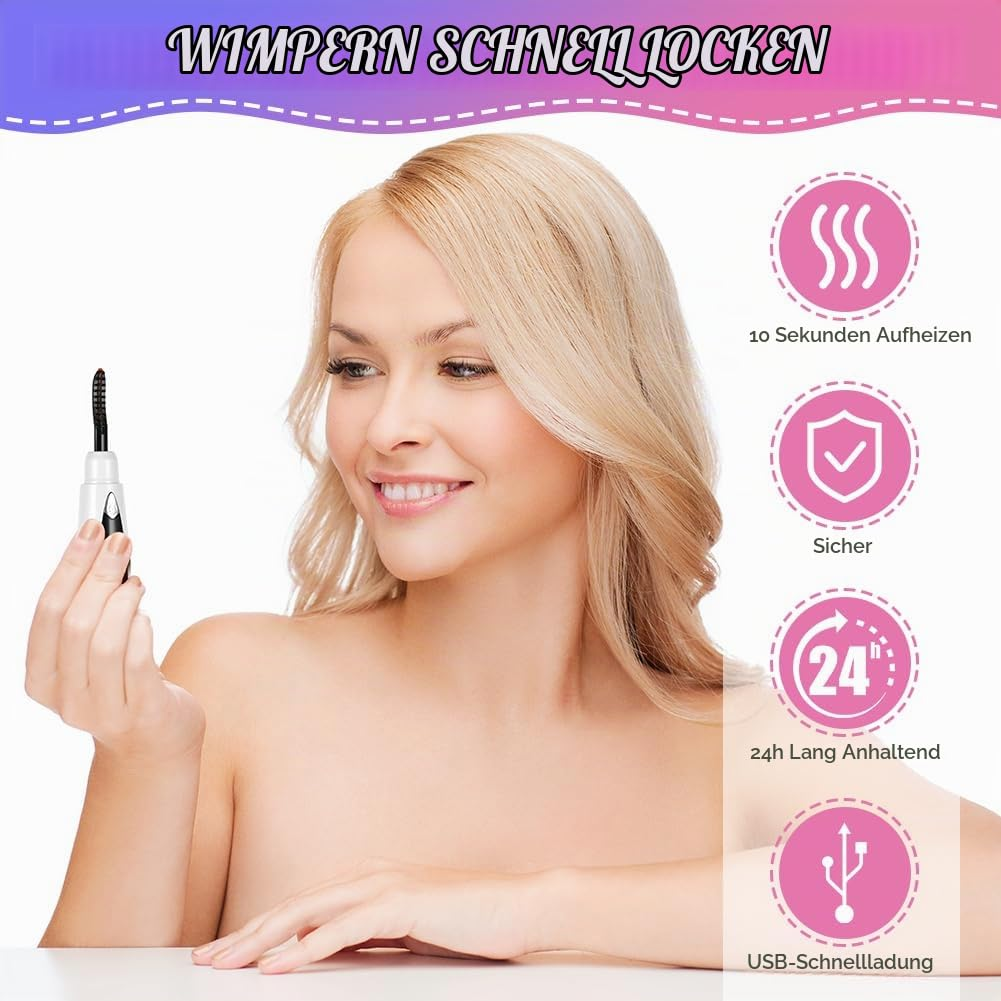Eine blonde Frau hält einen beheizten Wimpernformer, daneben Icons mit Produktvorteilen.
