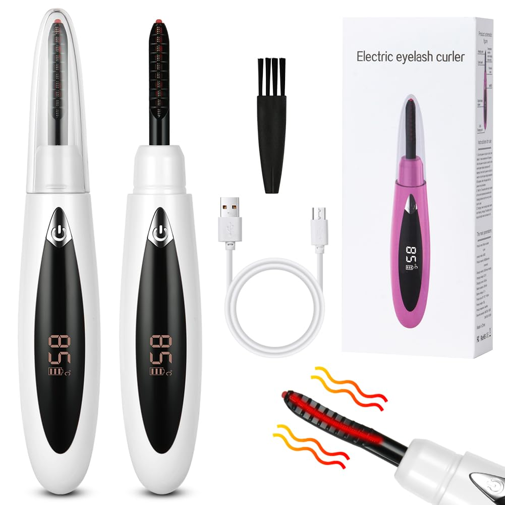Elektrische Wimpernzange mit Digitalanzeige, USB-Kabel, Reinigungsbürste und Verpackung auf weißem Hintergrund.