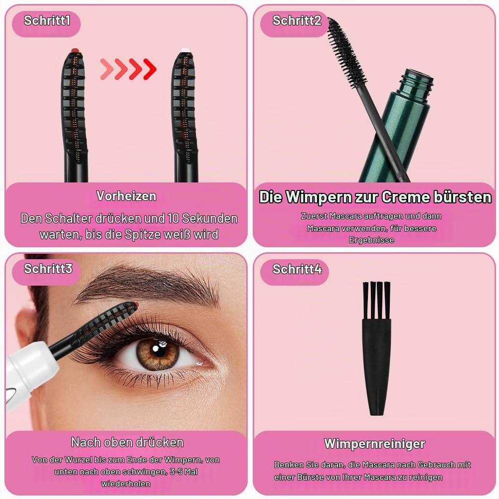Vier Schritte zur Verwendung einer beheizten Wimpernbürste mit Mascara.