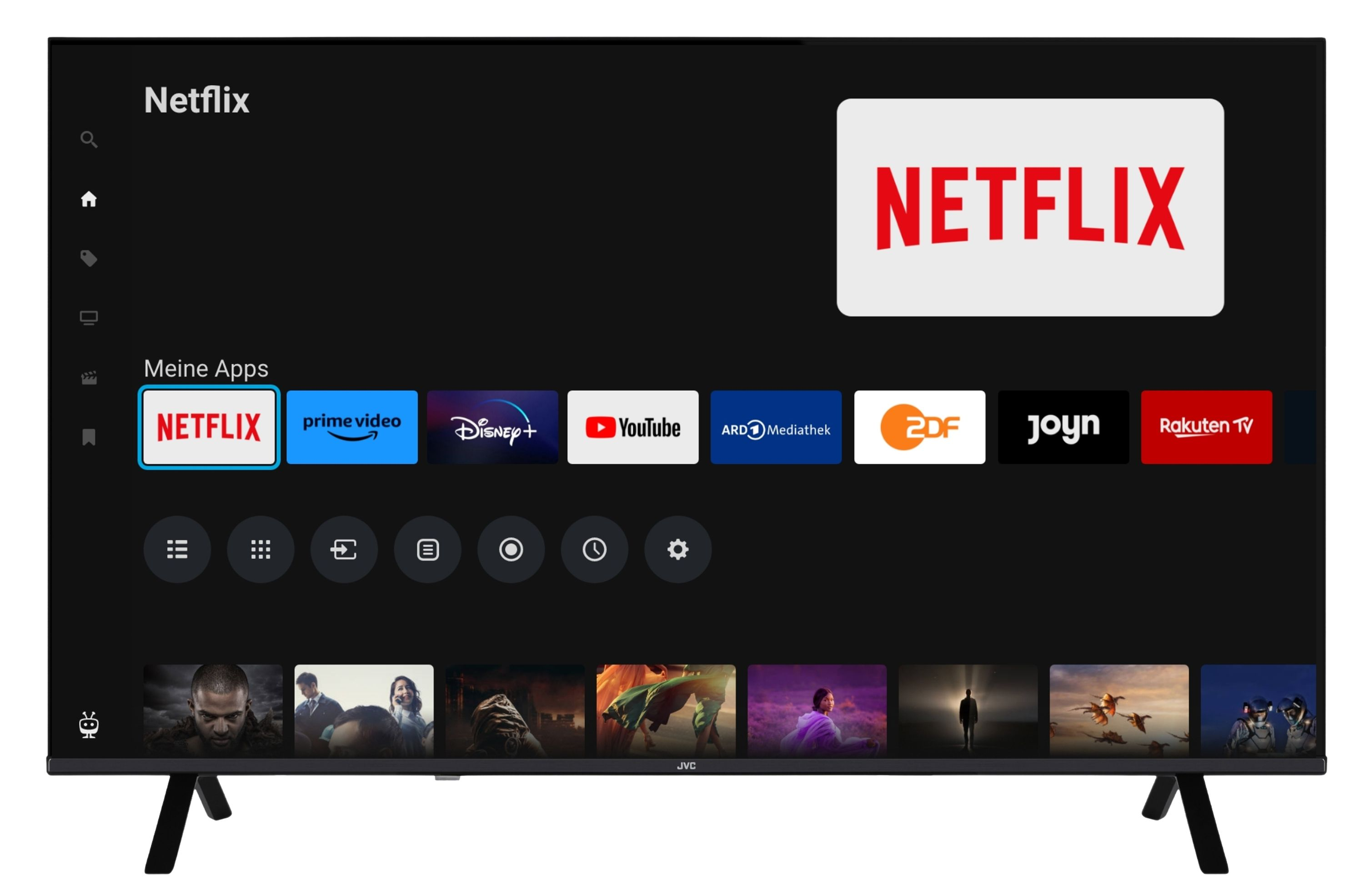 Ein Smart-TV-Startbildschirm mit Streaming-Apps wie Netflix, Prime Video und YouTube auf einem schwarzen Hintergrund.