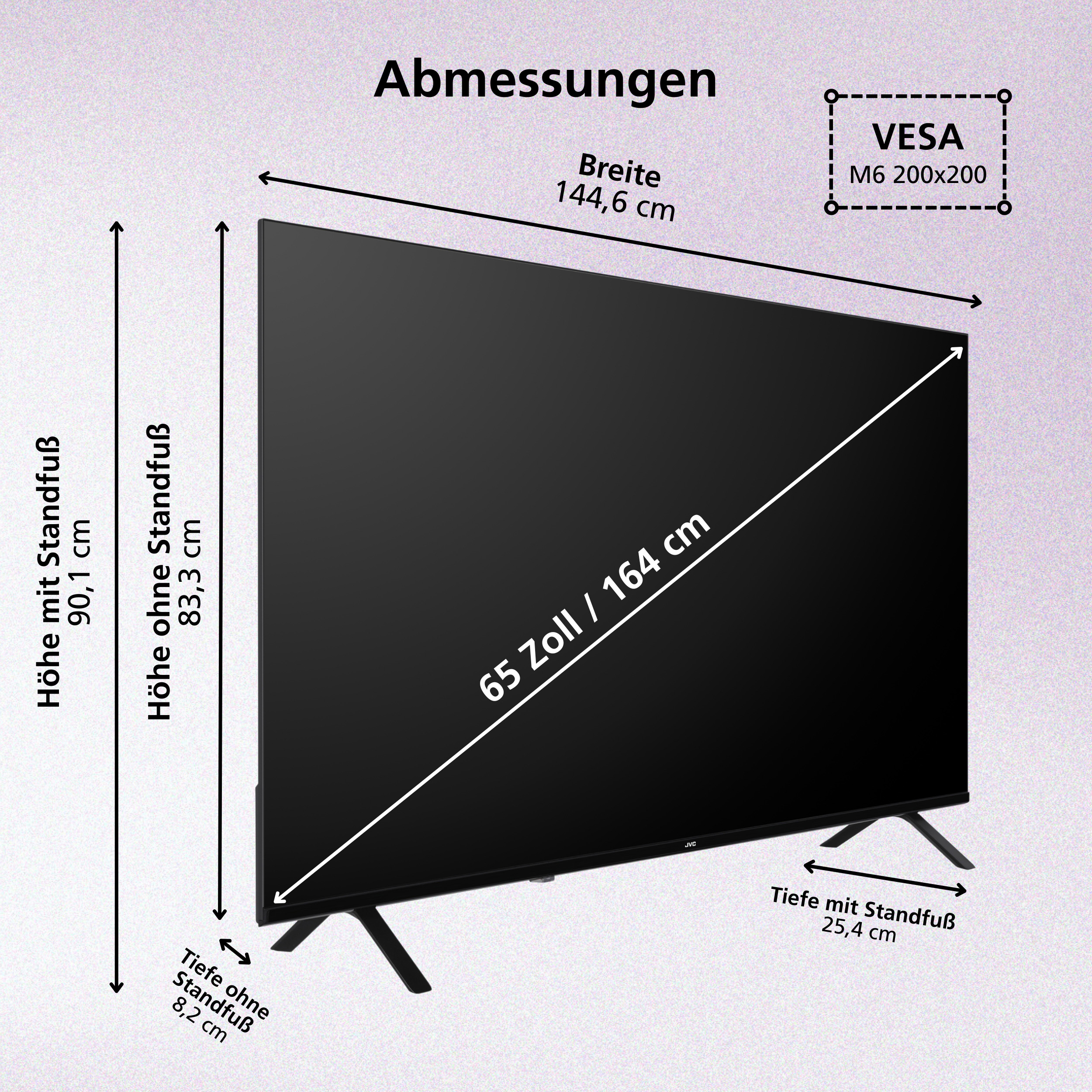 Technische Zeichnung mit Maßen eines 65-Zoll-Fernsehers, Breite 144,6 cm, Höhe mit Standfuß 90,1 cm.