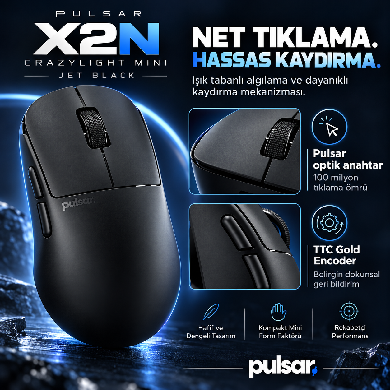 Mavi arka planda düğmeler, kaydırma tekerleği ve tasarım detaylarıyla siyah Pulsar X2N Crazylight Mini oyuncu faresi.