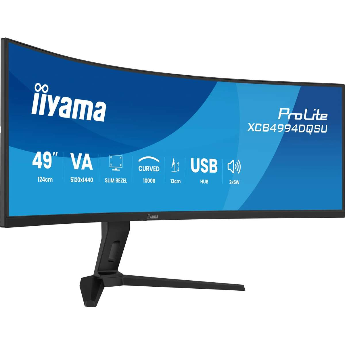 Ein gebogener 49-Zoll-Monitor von Iiyama mit blauer Anzeige und technischen Spezifikationen.