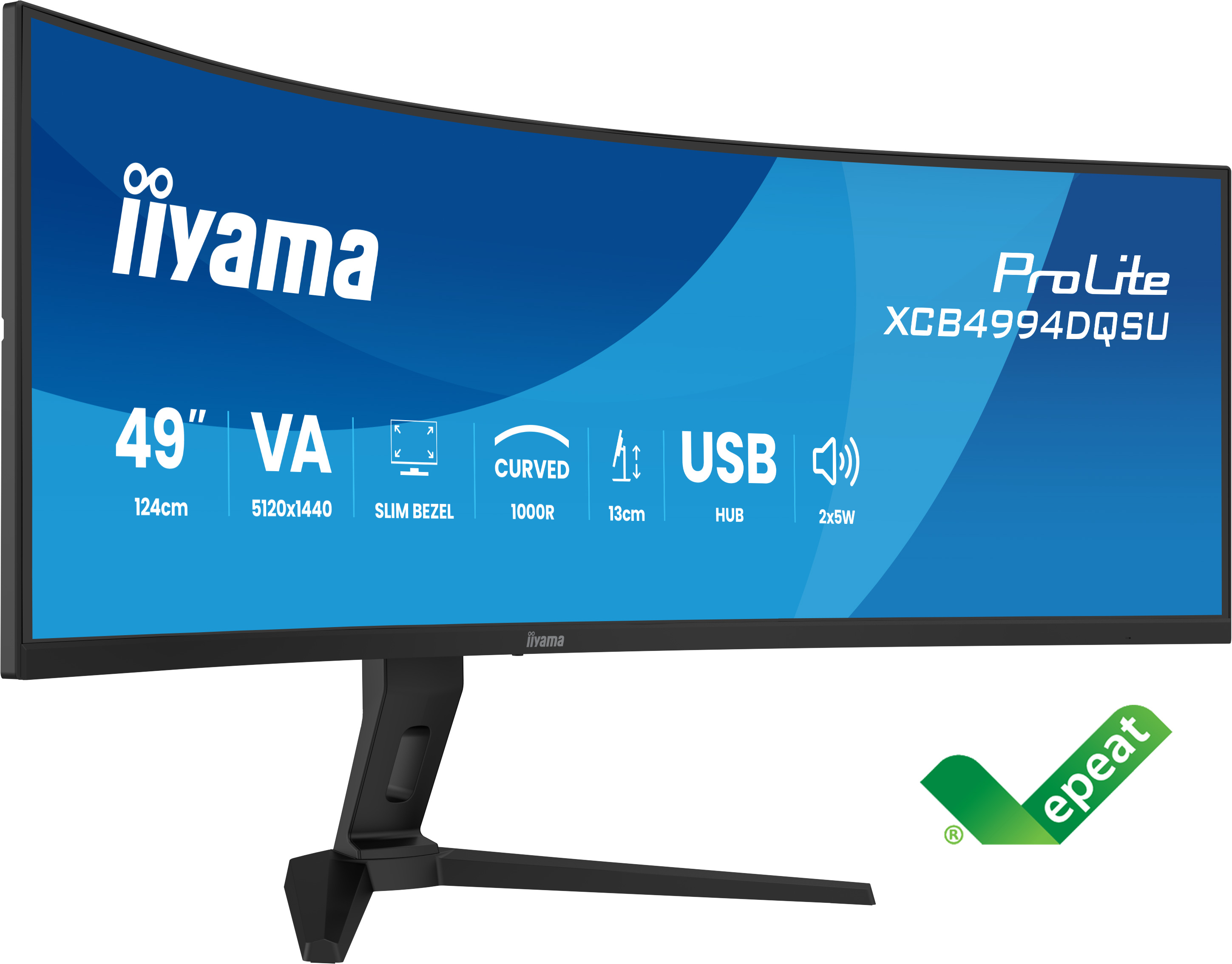 Ein iiyama ProLite 49-Zoll-Curved-Monitor zeigt Funktionen auf blauem Bildschirm vor weißem Hintergrund.