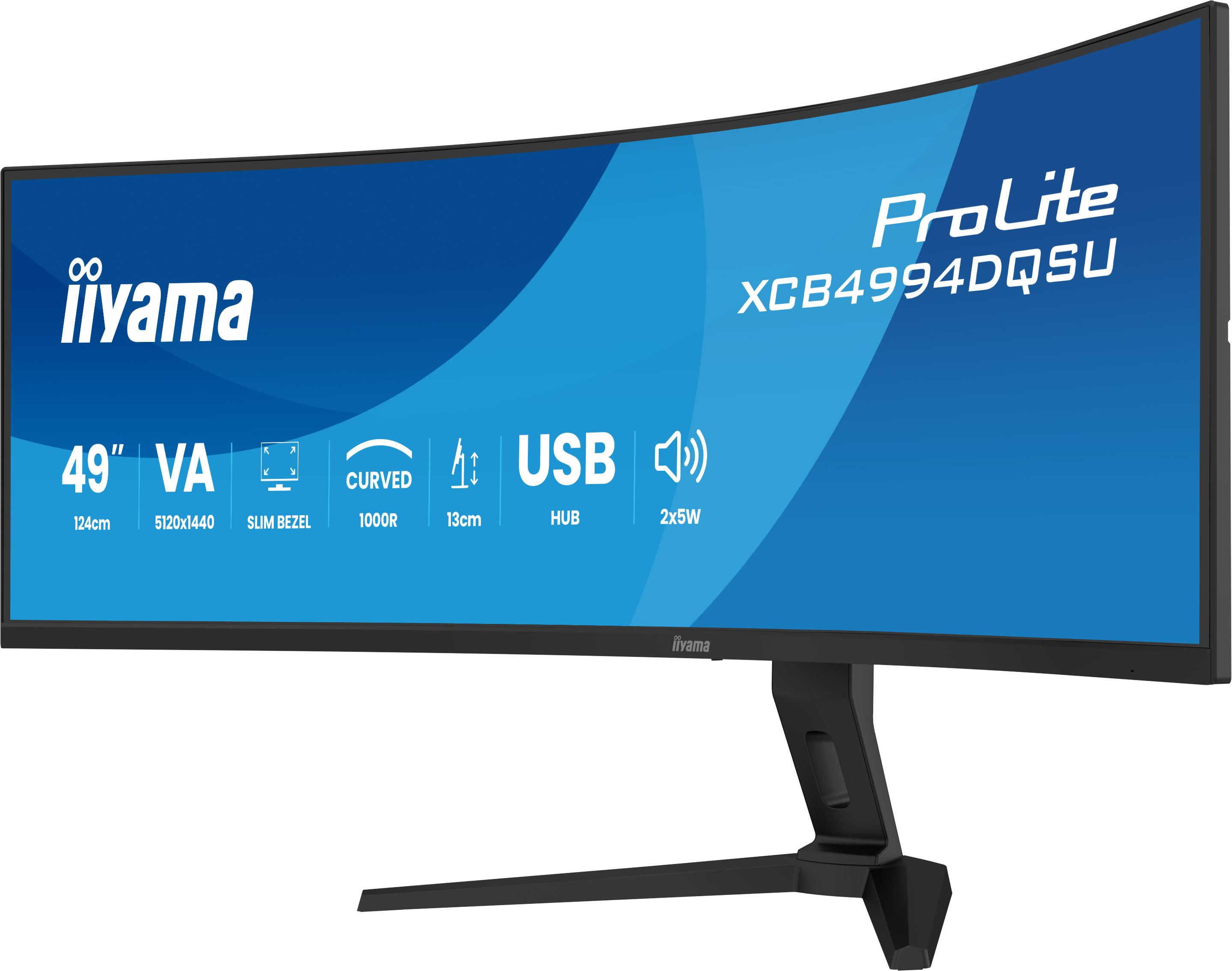 Ein breiter, gebogener iiyama ProLite Monitor mit blauer Anzeige und technischen Spezifikationen.
