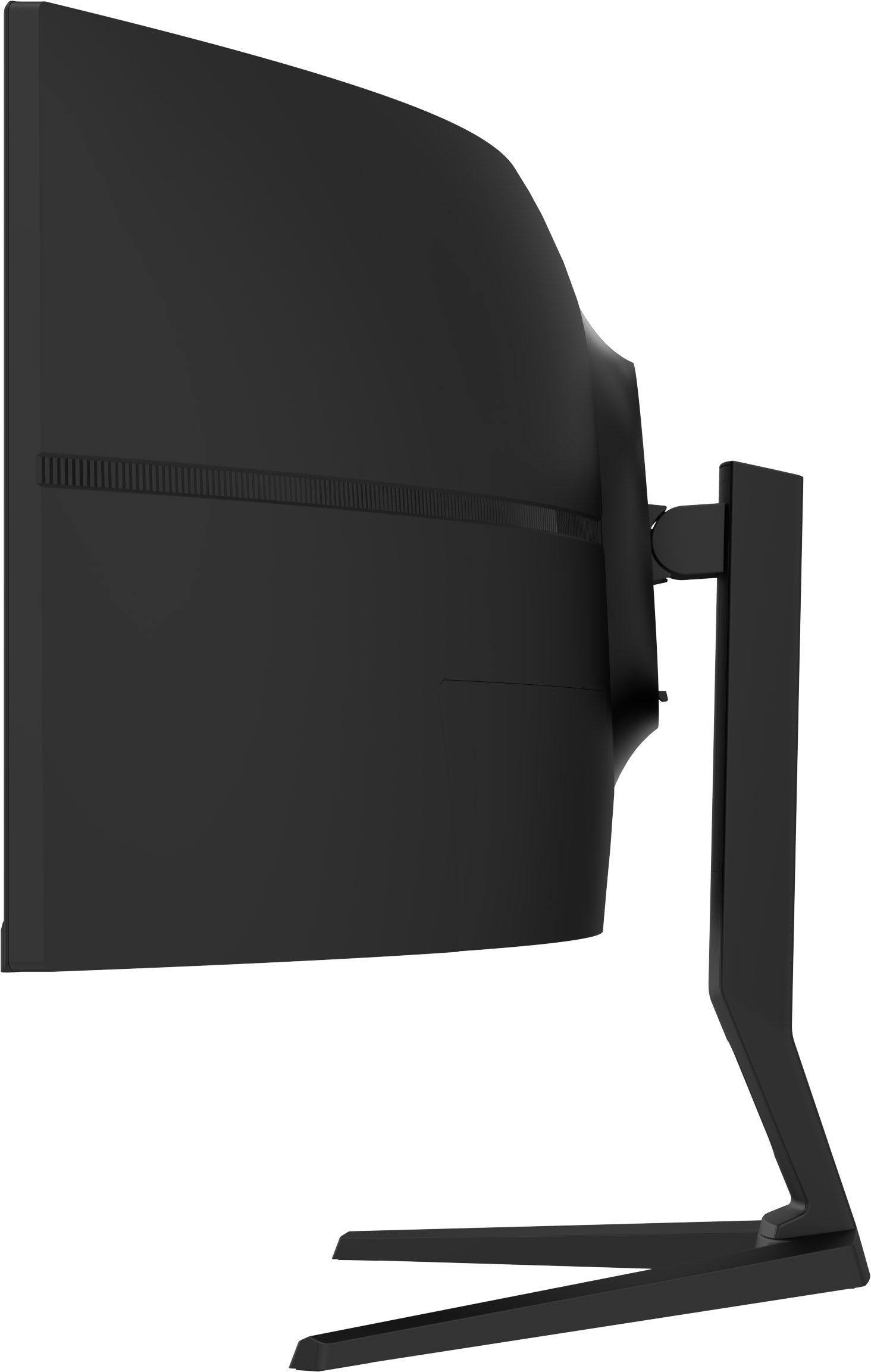 Rückansicht eines schwarzen Curved Monitors mit standfuß auf weißem Hintergrund.