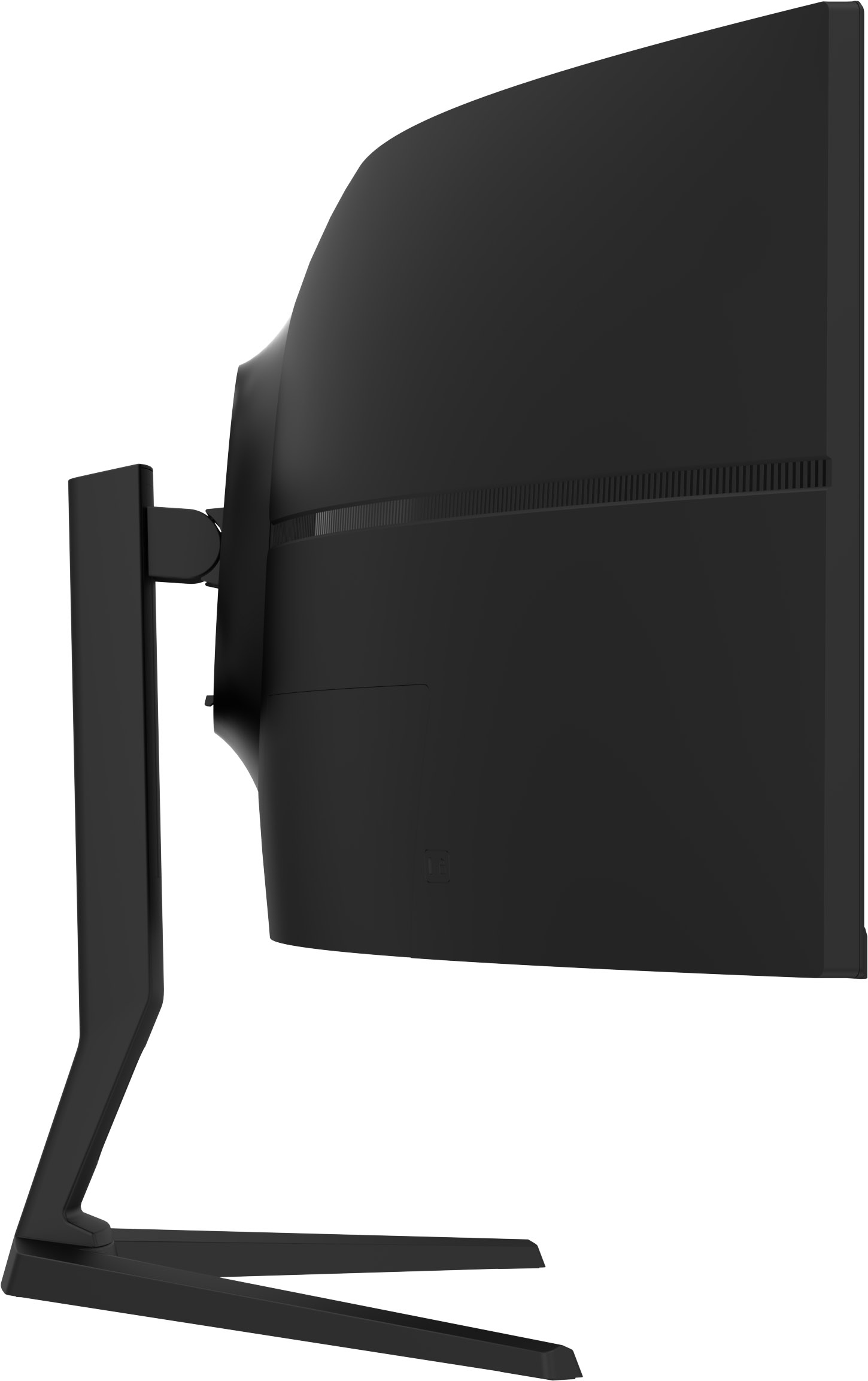 Ein schwarzer, gebogener Computermonitor von der Seite, auf einem schlanken schwarzen Ständer vor weißem Hintergrund.