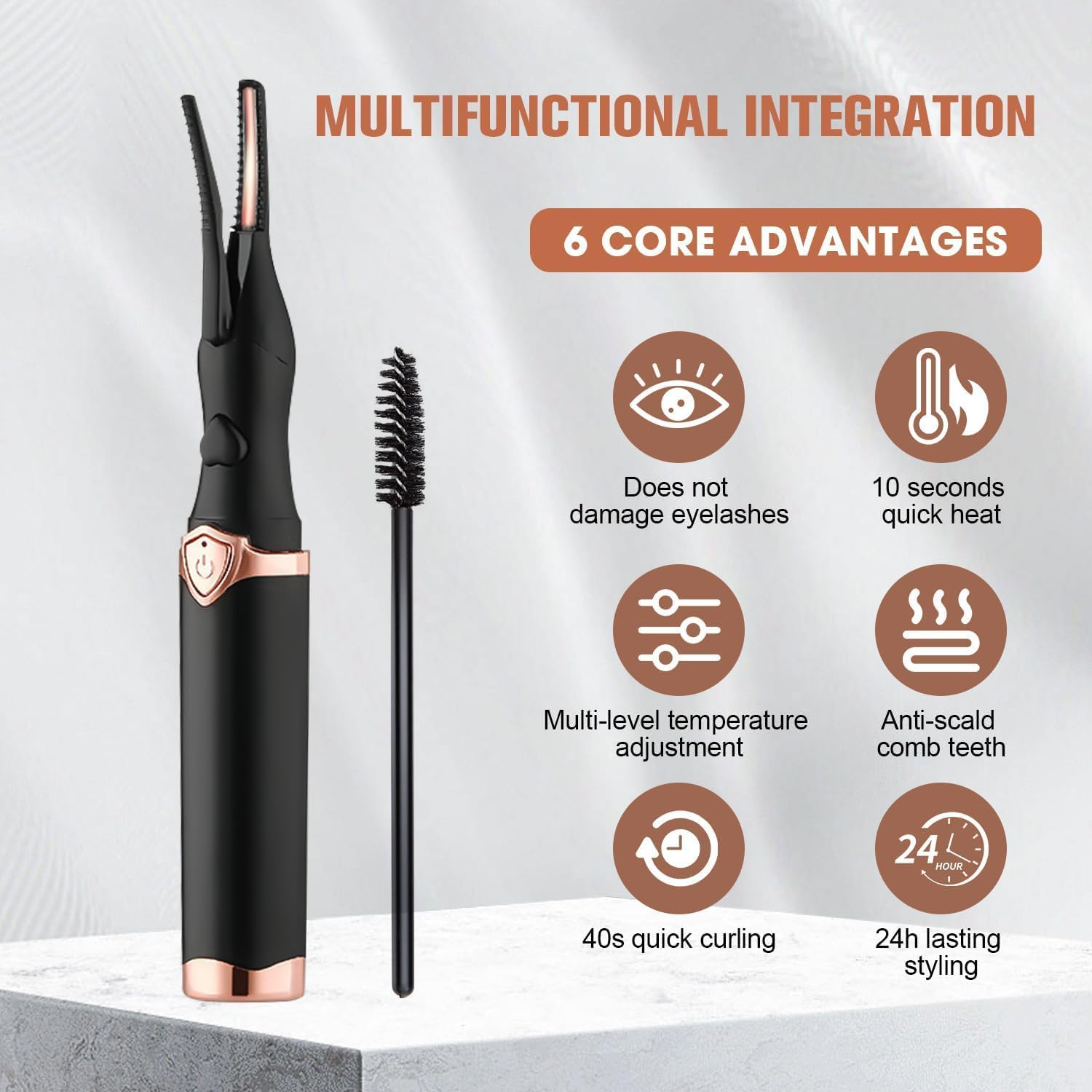Heated eyelash curler with brush on white background, highlighting six advantages like quick heat and anti-scald.